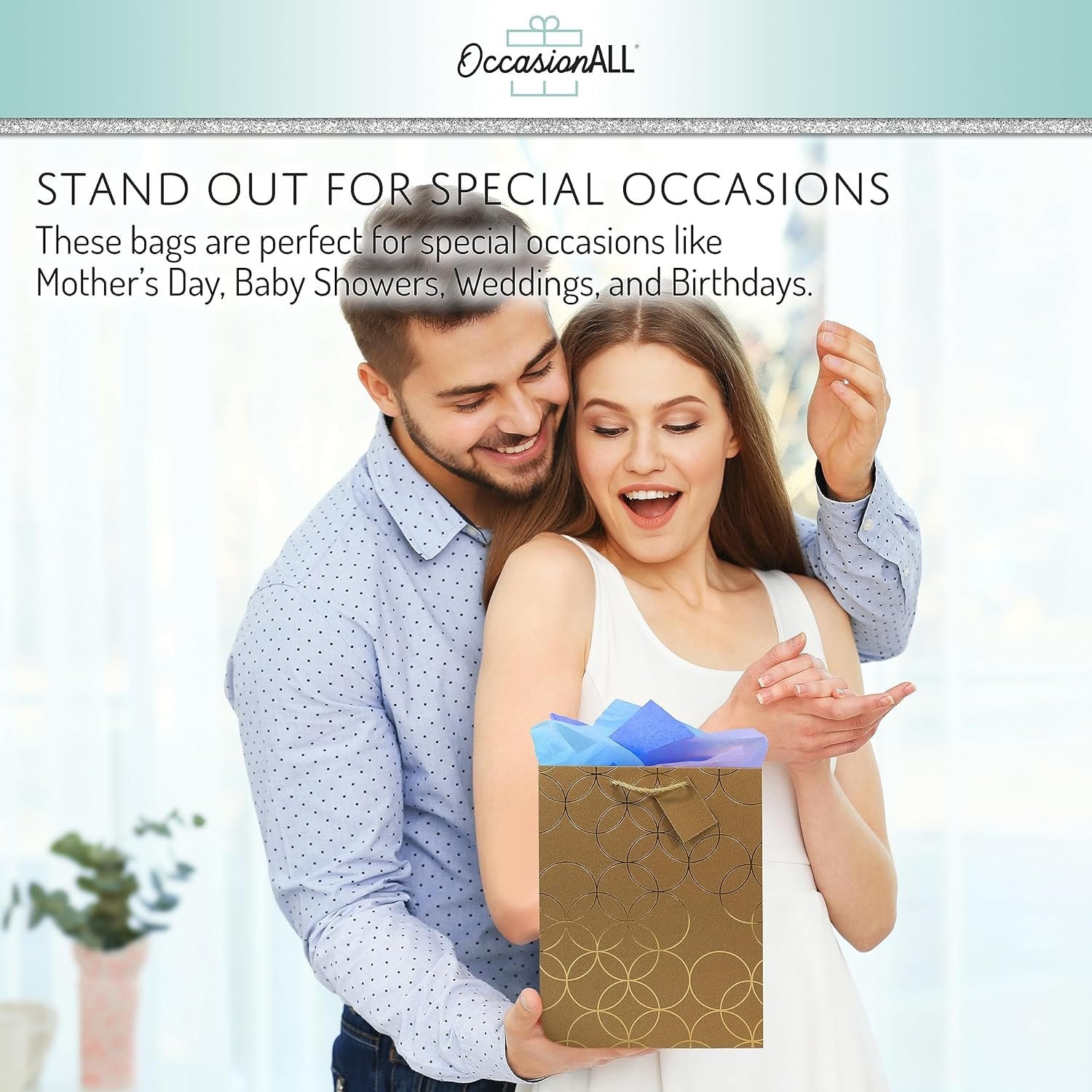 Gold Gift Bags - 10x5x13 Inch 12 Pack Large Geometric Print Designer Kraft Paper Shopping Bags with Handles, Gift Wrap for Birthdays Parties, Baby Showers, Bachelorette, Holidays, Christmas Bulk