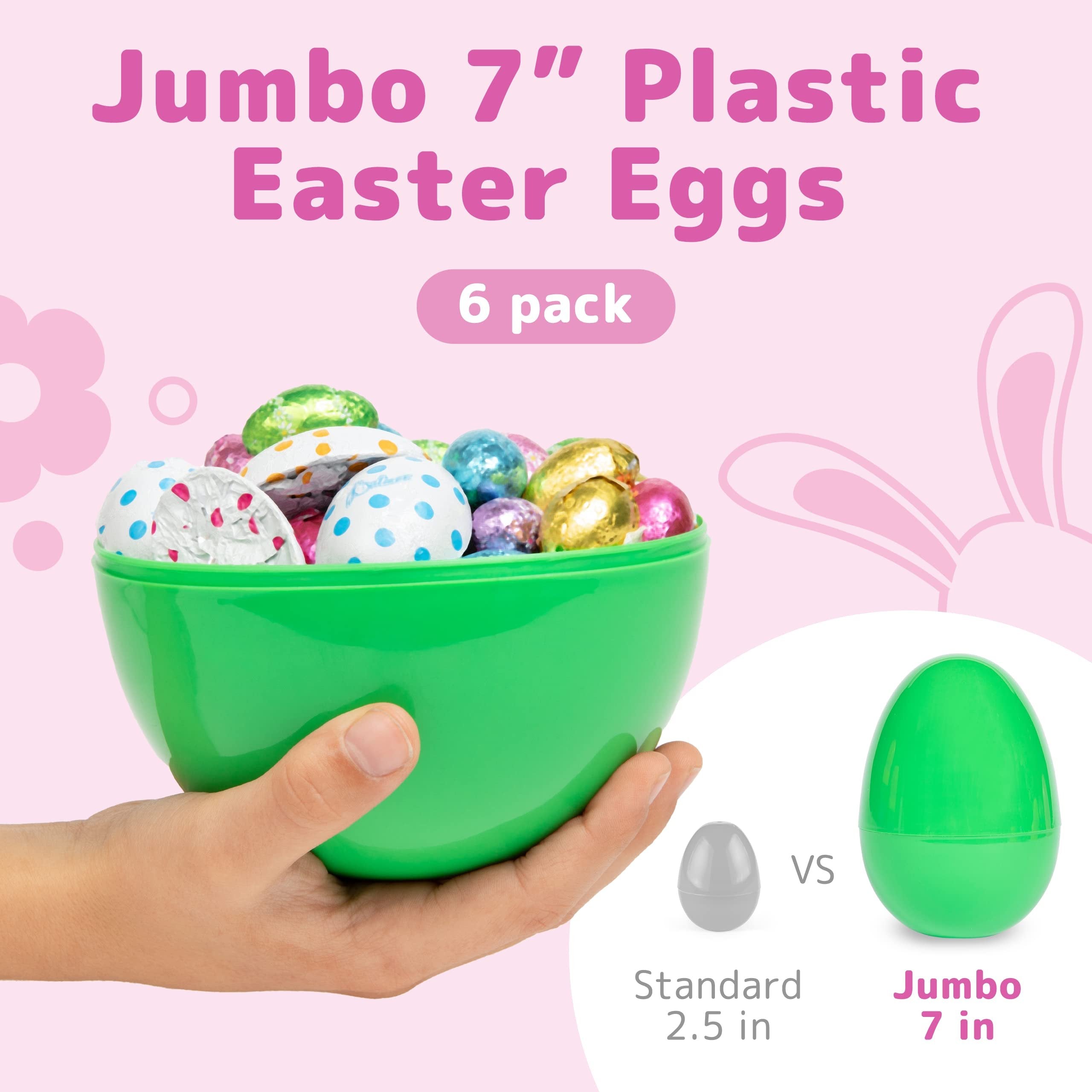 PREXTEX 7” Jumbo Unfilled Easter Eggs, 6 pcs | Empty Plastic Eggs Bulk, Egg Toy Pack, Big Giant Easter Egg, Jumbo Eggs | Large Easter Eggs Empty, Party Decoration, Color Party Pack, 6 Pack Color Eggs