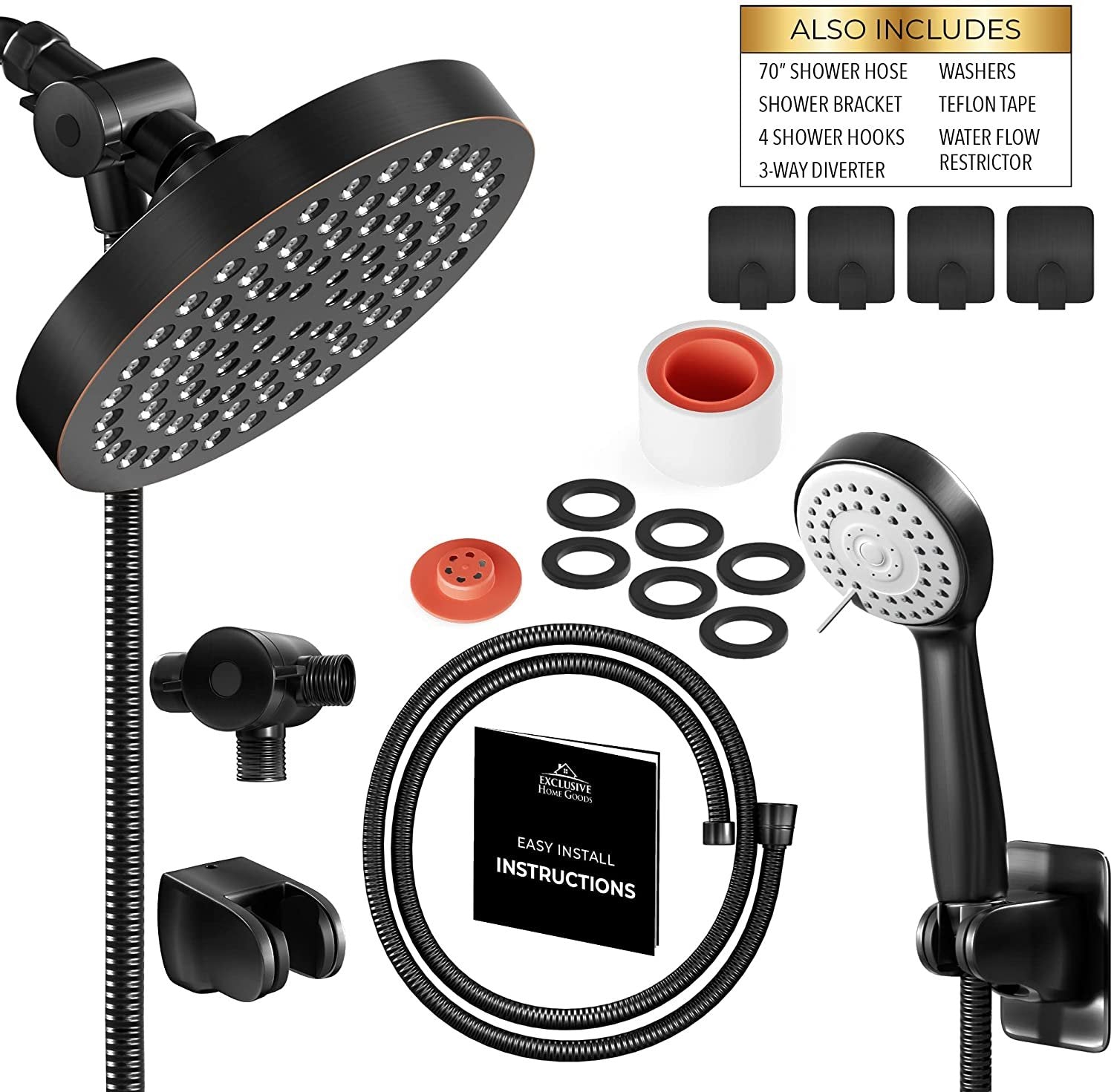 Shower Head With Handheld Combo, 6 Inch High Pressure Rainfall Showerhead With Hand Held 70 Inch Hose for Bath - Adjustable Swivel Shower Head Spray Anti-leak Nozzles - Universal Fit