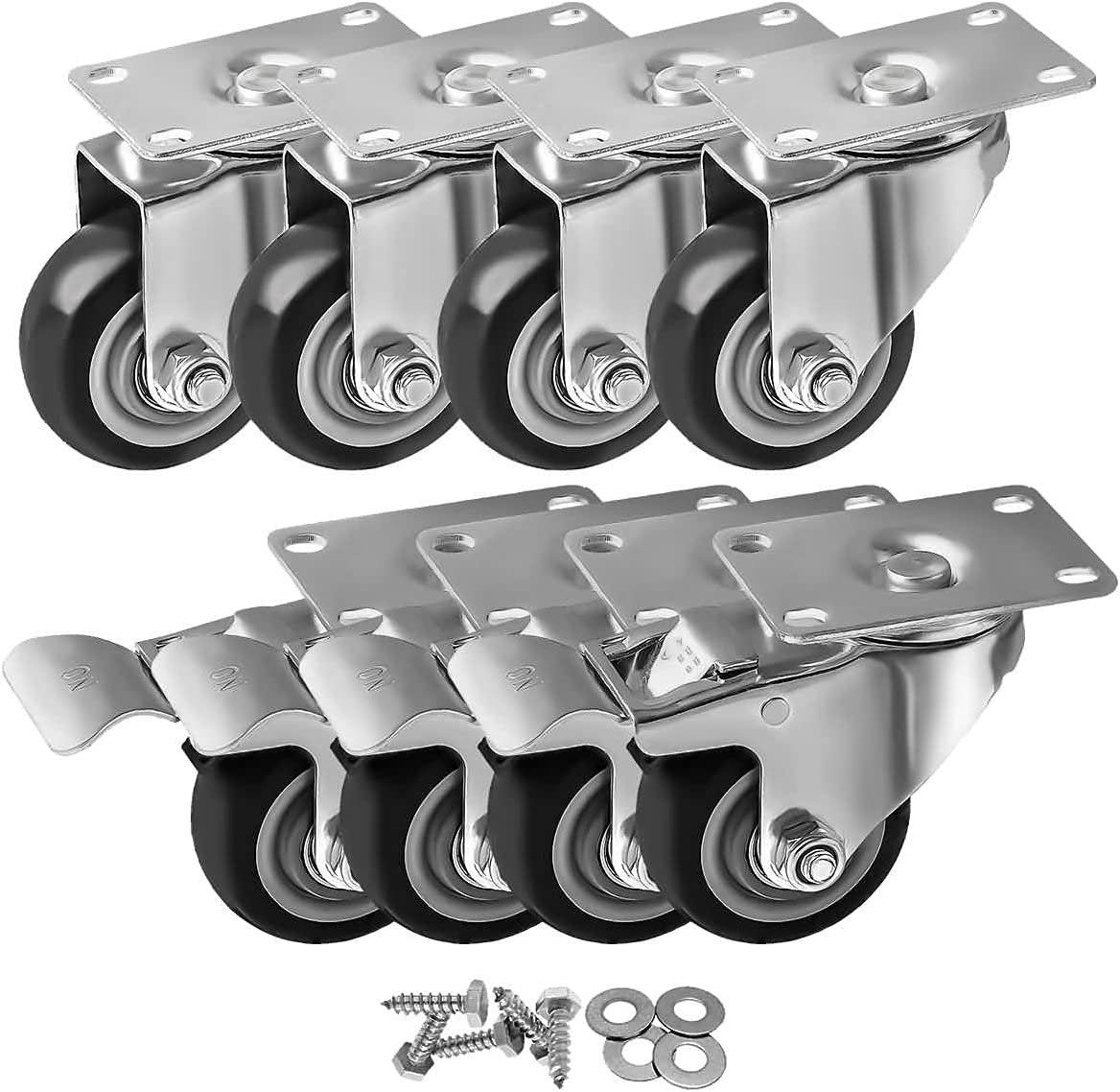 8 Pack 3 Inch Combo Caster Swivel Plate 4 w/Brake & 4 Plate Heavy Duty on Black PU Wheels with Heavy Duty Screws