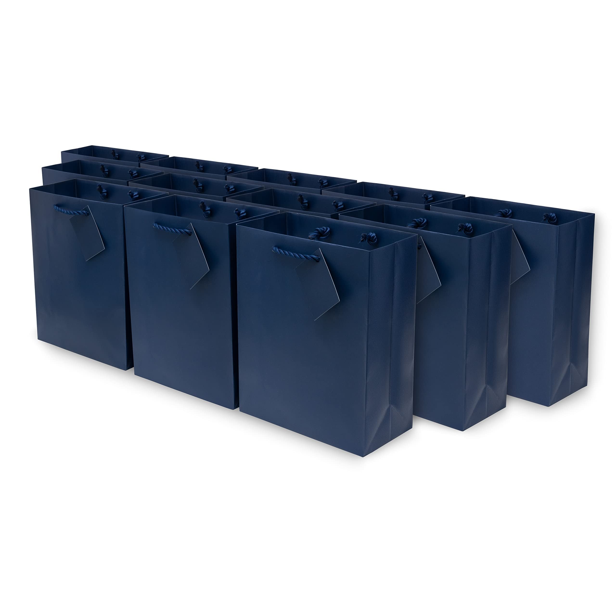 Blue Gift Bags - 12 Pack Medium Navy Paper Gift Bags with Rope Handles, Designer Solid Color Paper Gift Wrap Bags for Birthdays, Parties, Events, Bulk Favor Bags, Weddings or Any Occasion - 7.5x9x3.5