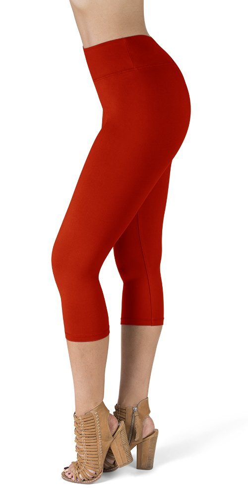 SATINA Red High Waisted Capri Leggings | Tummy Control | 3 Waistband | One Size