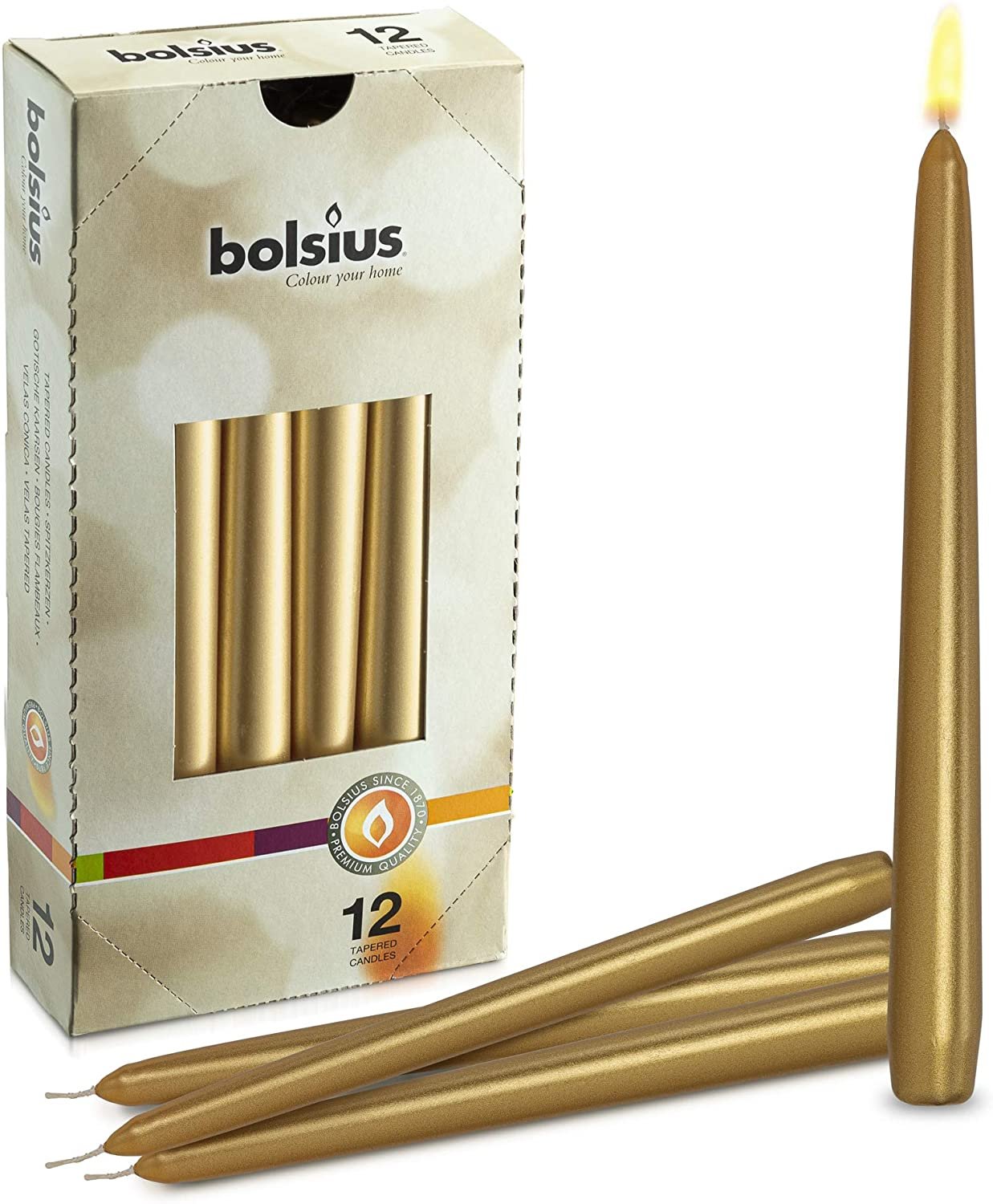 BOLSIUS Metallic Gold Taper Candles - 12 Pack Individually Wrapped 10 Inch Dinner Candle Set - 8 Burn Hours - Premium European Quality - Unscented Smokeless & Dripless Household Party Candlesticks