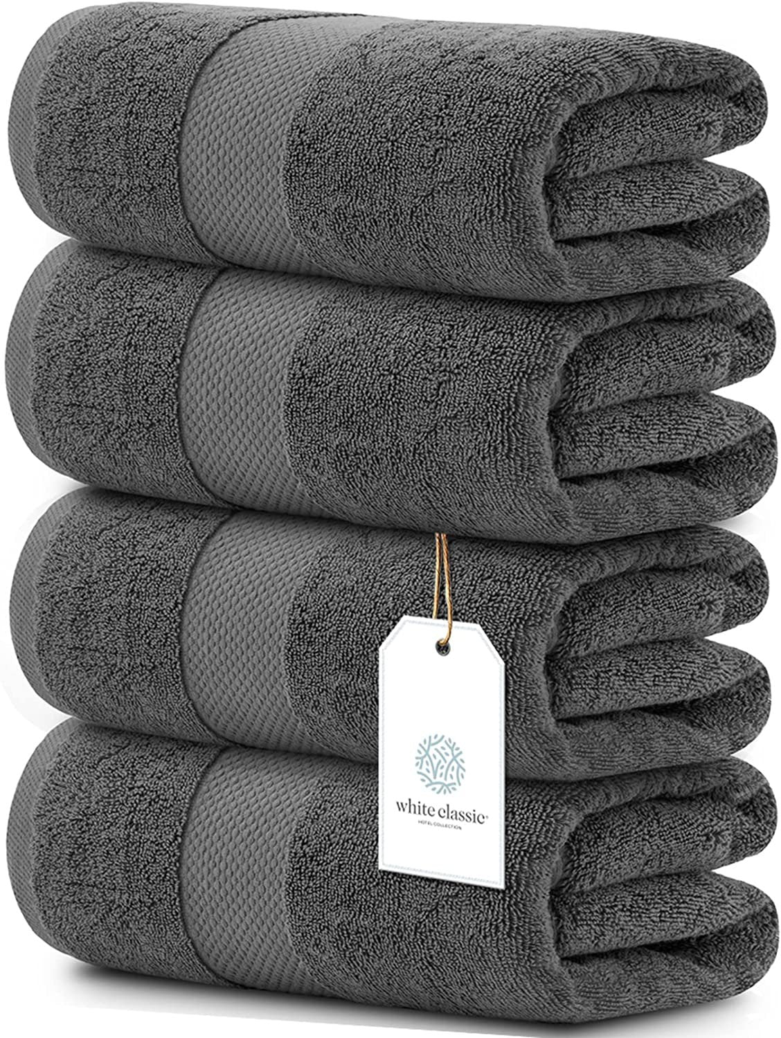 White Classic Luxury Bath Towels - Gray, 27"x54", 700 GSM, Set of 4, 100% Soft Cotton - Absorbent for Hotel Bathroom