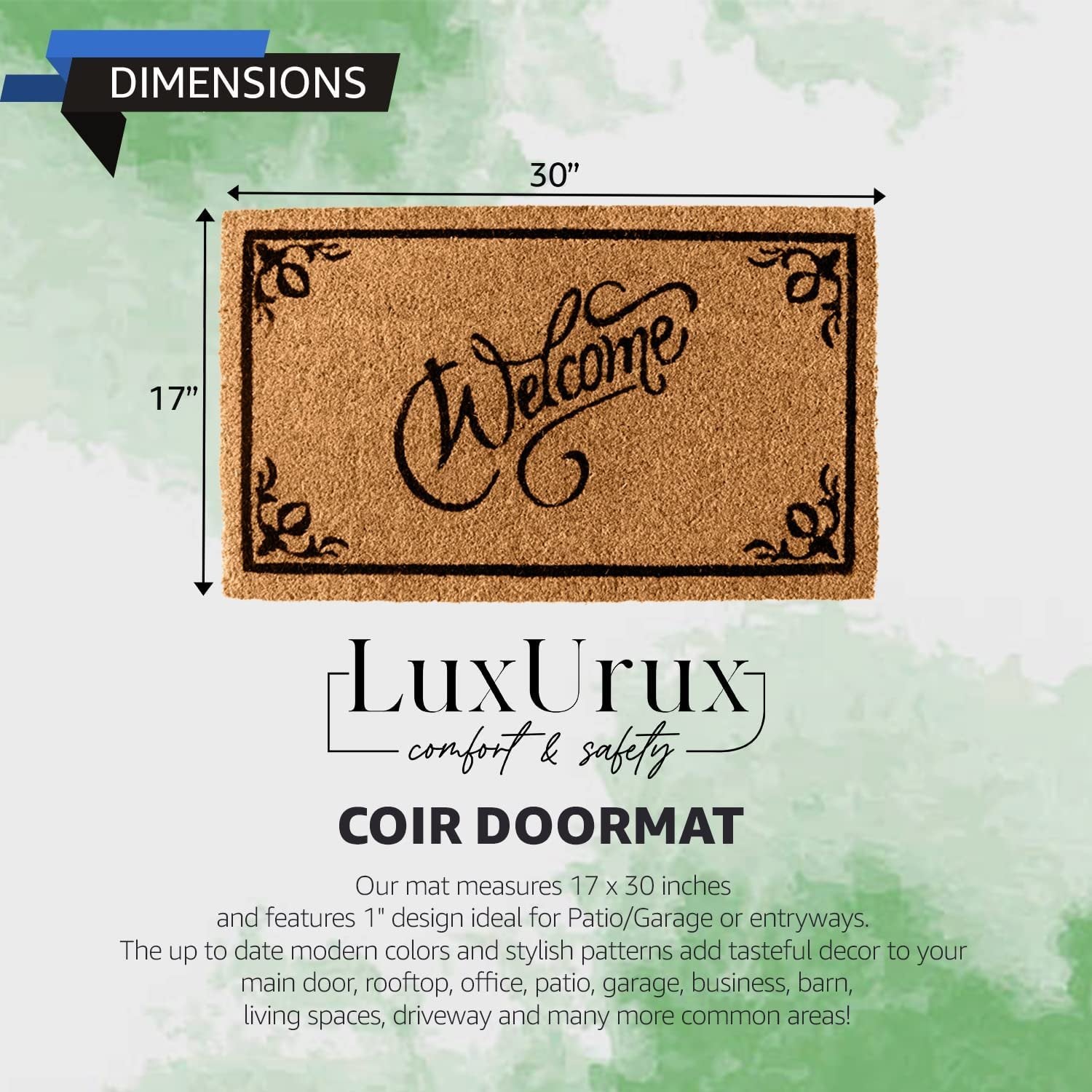 LuxUrux Welcome Mats Outdoor Coco Coir Doormat, with Heavy-Duty PVC Backing - Natural - Perfect Color/Sizing for Outdoor/Indoor uses.,30 x 17.