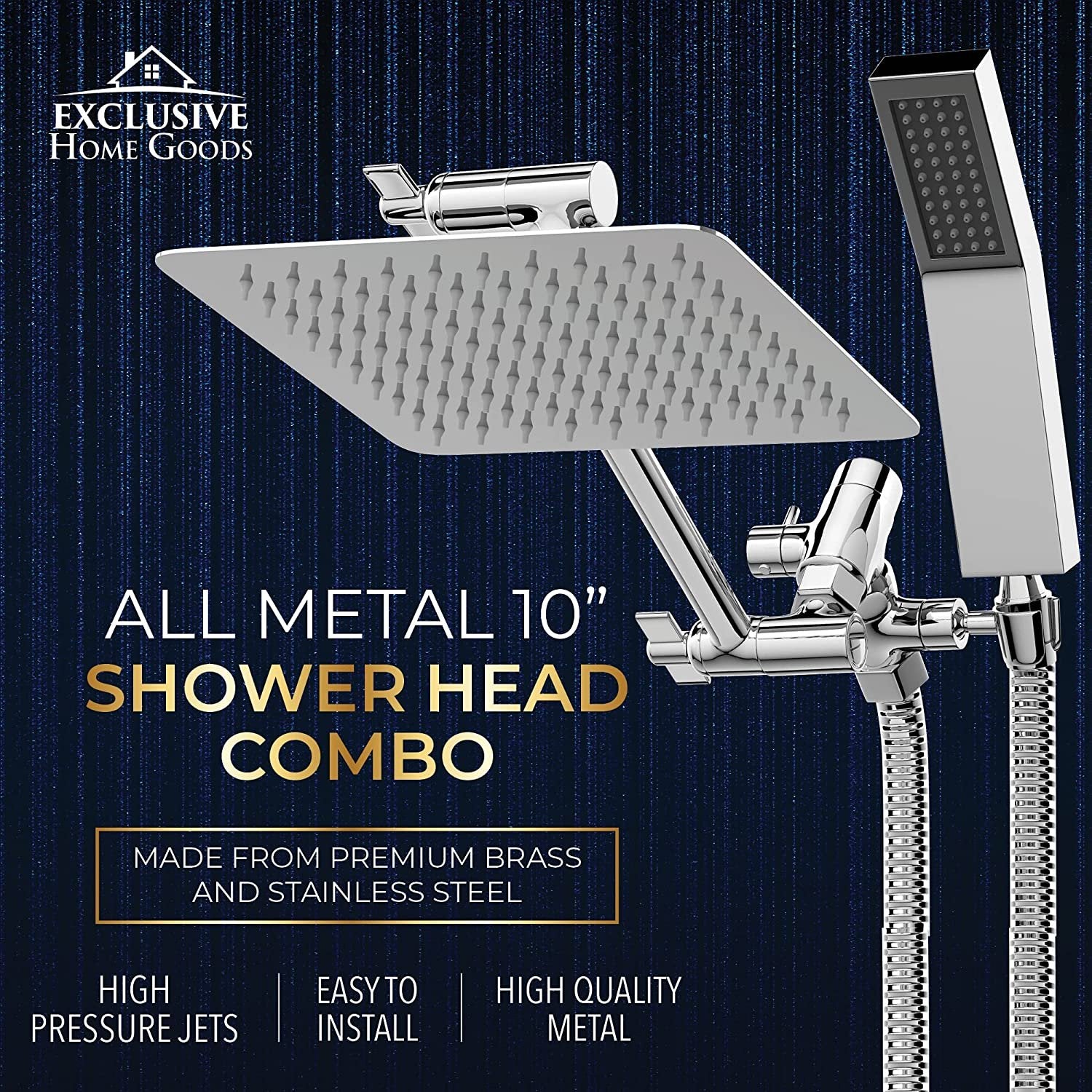 10" Long Shower Head with Handheld - 3 Mode Rain Shower Head with Shower Diverter - High Pressure Shower Head with Extension Arm & Shower Hose -Bathing Kids & Washing Pets (1.8 GPM, Deluxe Chrome)