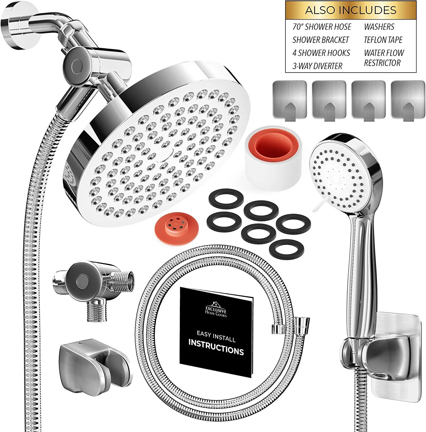 High Pressure Rainfall Shower Head and Hand Held Shower Head Combo with 70 Inch Hose for Bath and Adjustable Swivel Head - 2.5 GPM - Easy Install Anti Clog Jet Nozzles - Universal Fit for High