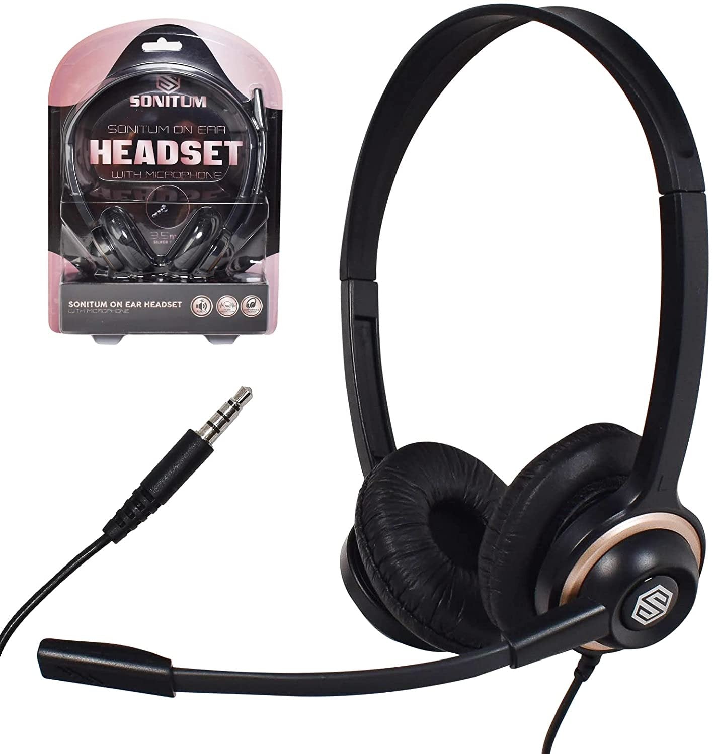 Sonitum PC Headset with Noise-Canceling Mic - Comfortable Over-Ear Headphones for Office, Meetings, Chat - 3.5 Jack, Universal Connectivity - Black (1 Pack)