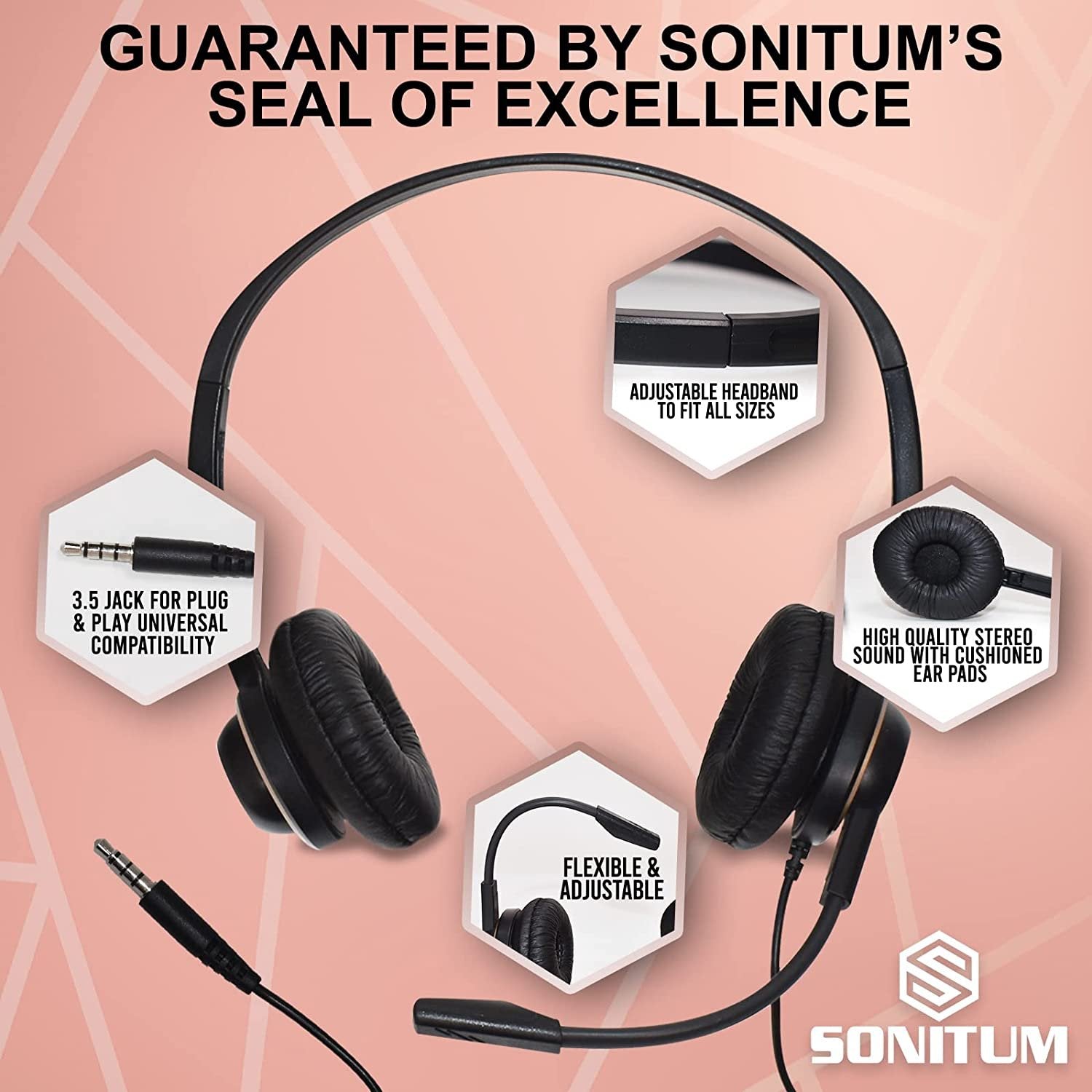 Sonitum PC Headset with Noise-Canceling Mic - Comfortable Over-Ear Headphones for Office, Meetings, Chat - 3.5 Jack, Universal Connectivity - Black (1 Pack)
