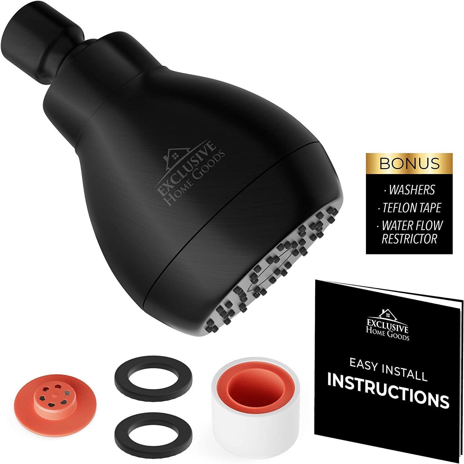 Matte Black High Pressure Shower Head - Strong Spray with Small Silicone Nozzles - 2.5 GPM Size - Universal Fit