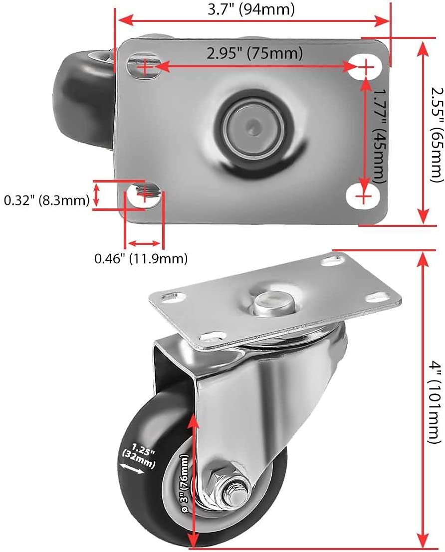 8 Pack 3 Inch Combo Caster Swivel Plate 4 w/Brake & 4 Plate Heavy Duty on Black PU Wheels with Heavy Duty Screws