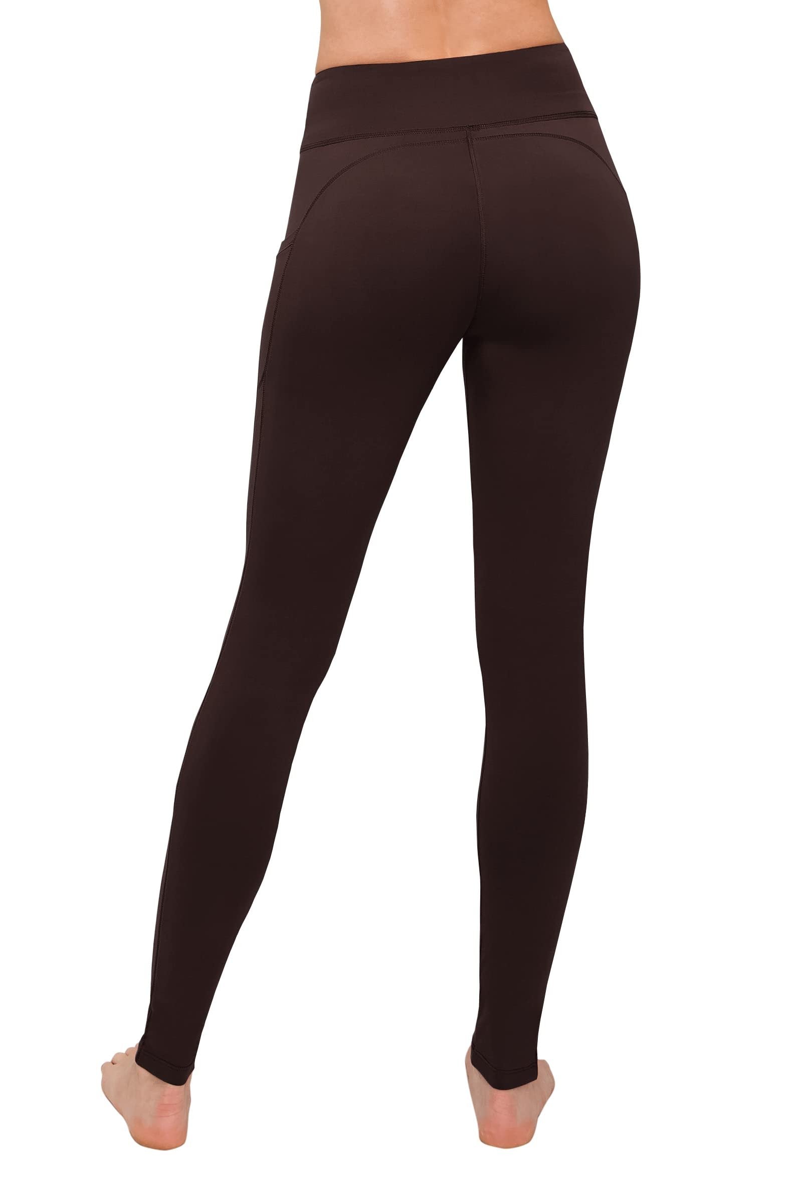 Brown Satina High Waisted Leggings with Pockets, 3 Waistband, One Size - Workout & Yoga for Women