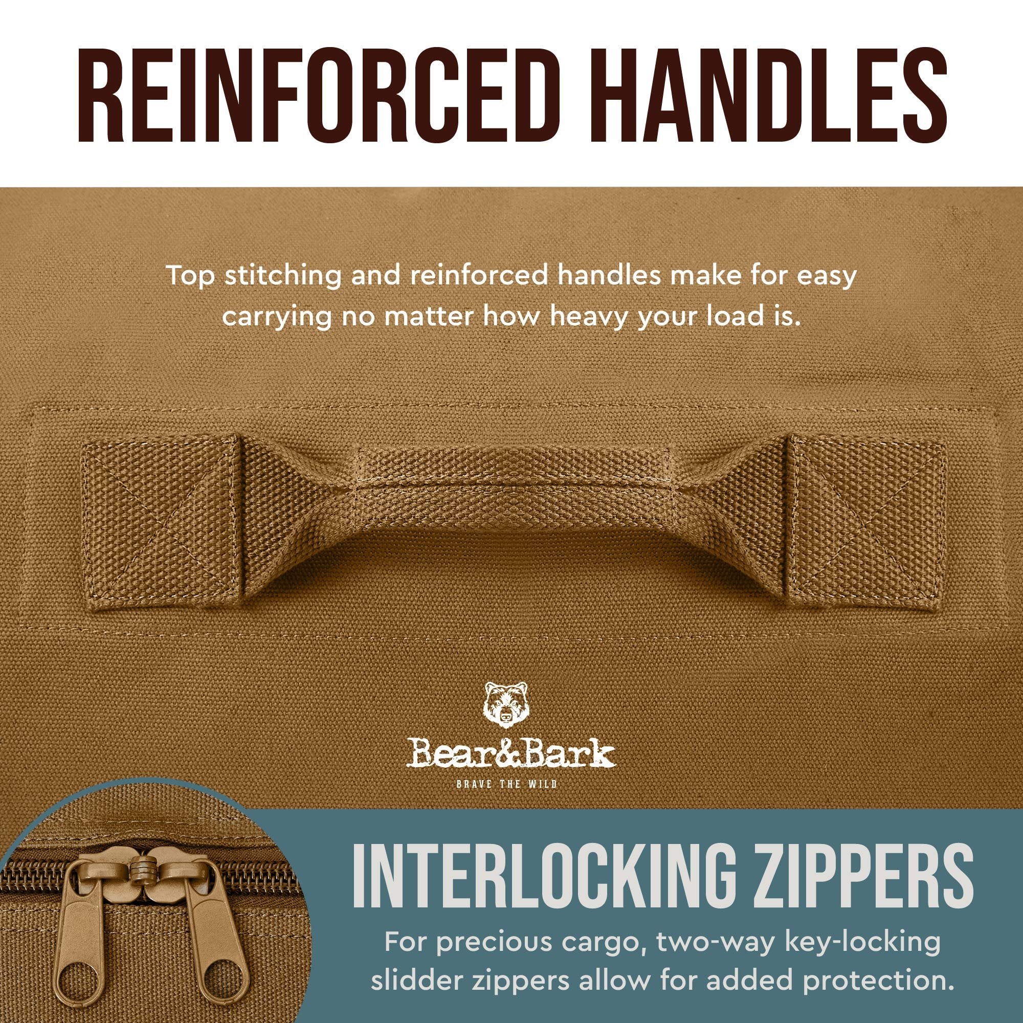 Bear&Bark Large Duffle Bag - 32" x 18" Standard Size - Desert Brown Canvas Military Style Travel Luggage for Men and Women - Hiking, Student, Backpacking and Storage