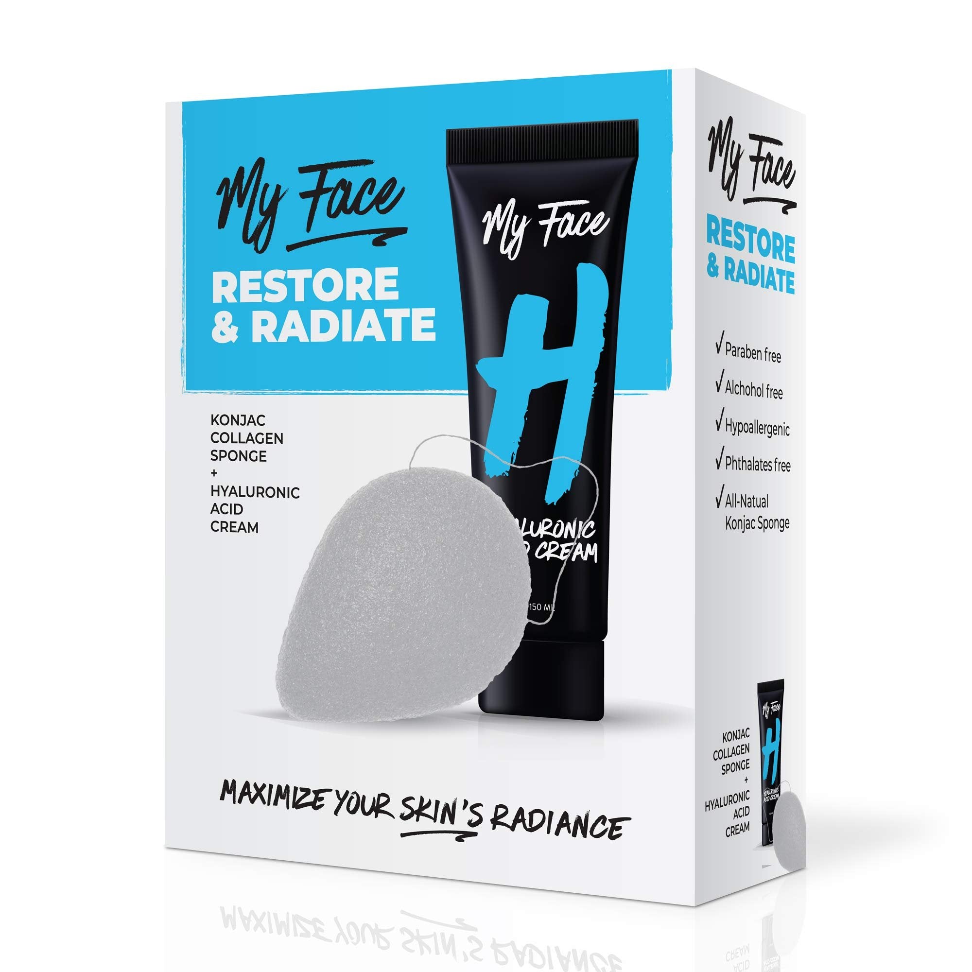 My Face Hyaluronic Acid Face Wash Cream With Collagen Konjac Sponge - Restore And Radiate Hydrating Facial Cleanser Kit - Oil Free, Hypoallergenic - Gentle Exfoliating Cleansing For Dry Skin