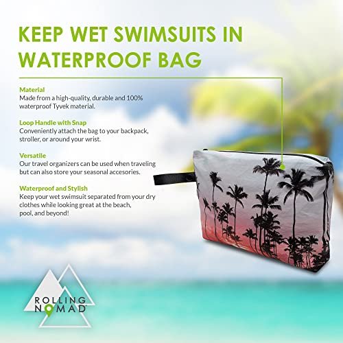 Small Wet Bag for Swimsuit - Palm Beach & Black Print, Reversible Waterproof Pouch with Carabiner Clip, Diaper Bag for Bathing Suits, Travel, Gym, Baby - 8.5x1.75x6.5 Inch
