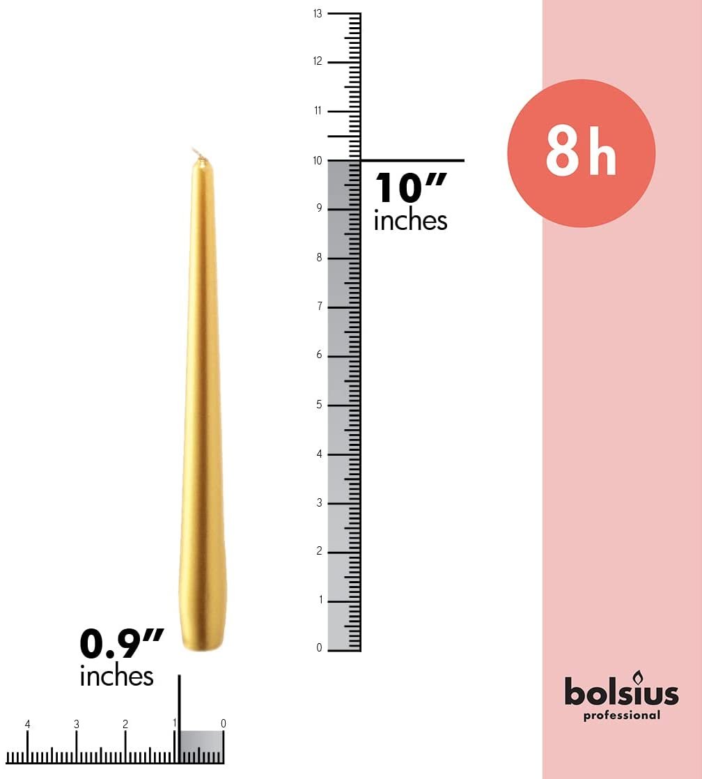 BOLSIUS Metallic Gold Taper Candles - 12 Pack Individually Wrapped 10 Inch Dinner Candle Set - 8 Burn Hours - Premium European Quality - Unscented Smokeless & Dripless Household Party Candlesticks