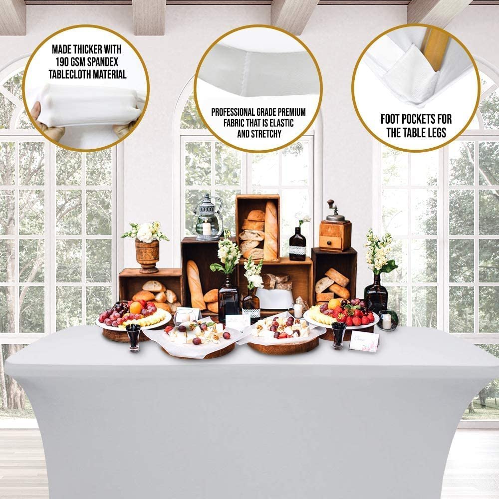 White Classic Spandex Tablecloth 8ft - 2 Pack, Stretchable Cover for 8ft Tables