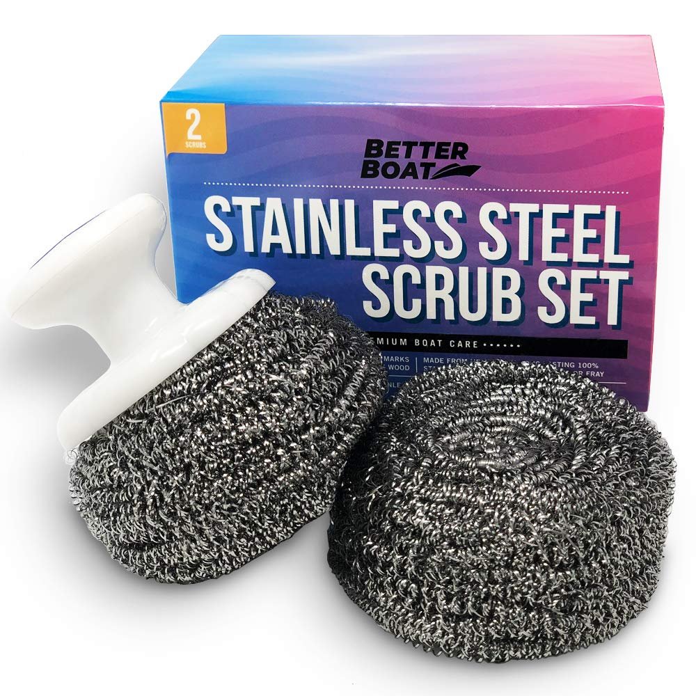 Stainless Steel Scrubber Set Steel Wool Scrubber Marine Grade Scouring Pads & Brush Handle, Heavy Duty Cleaning Supplies, Kitchen Cleaner, Dishes, Teak Wood Outdoor Furniture, Metal Tough Cleaning