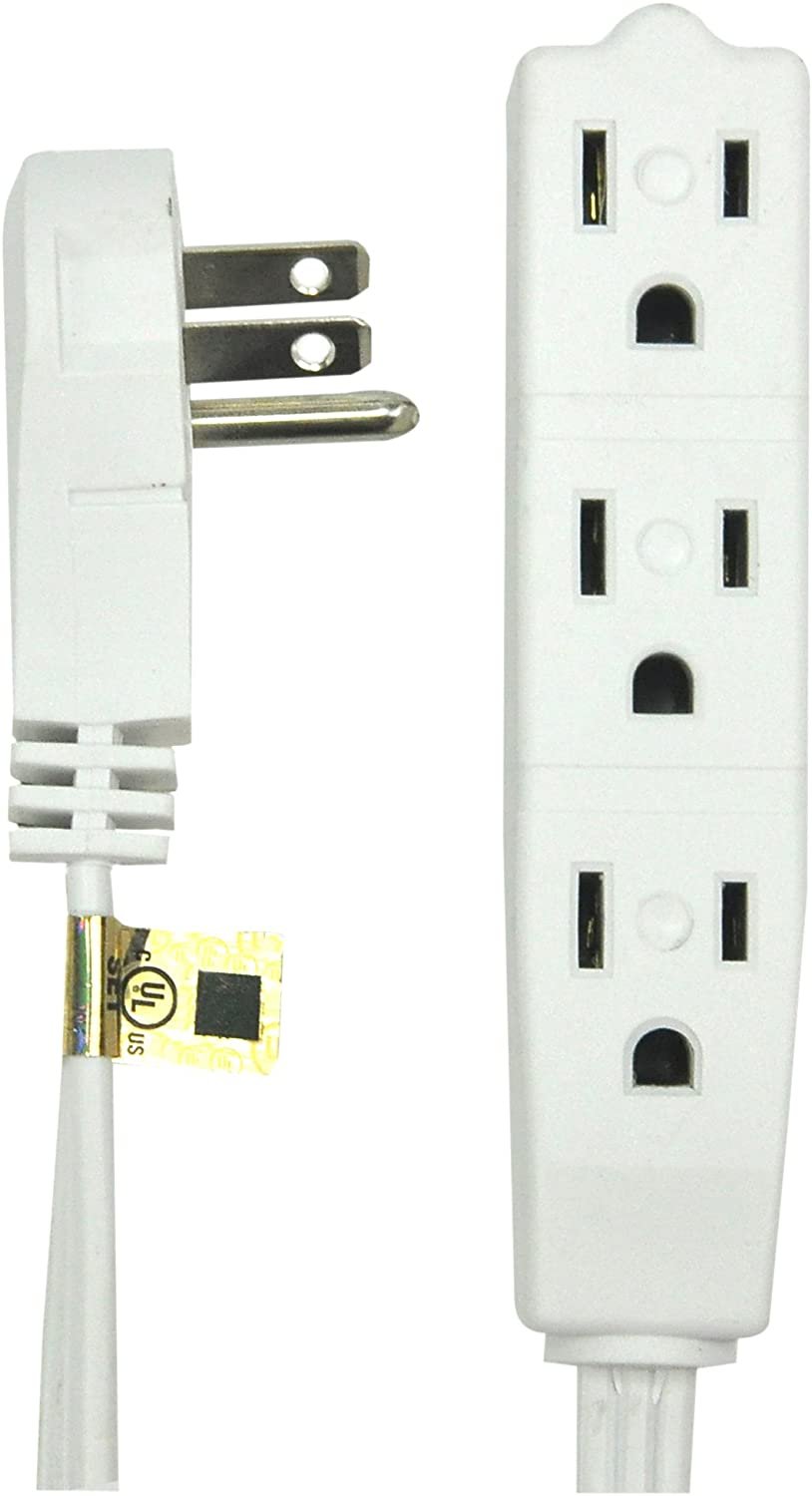 BindMaster 20ft White Extension Cord, 3 Outlets, Angled Flat Plug, 3-Prong Grounded