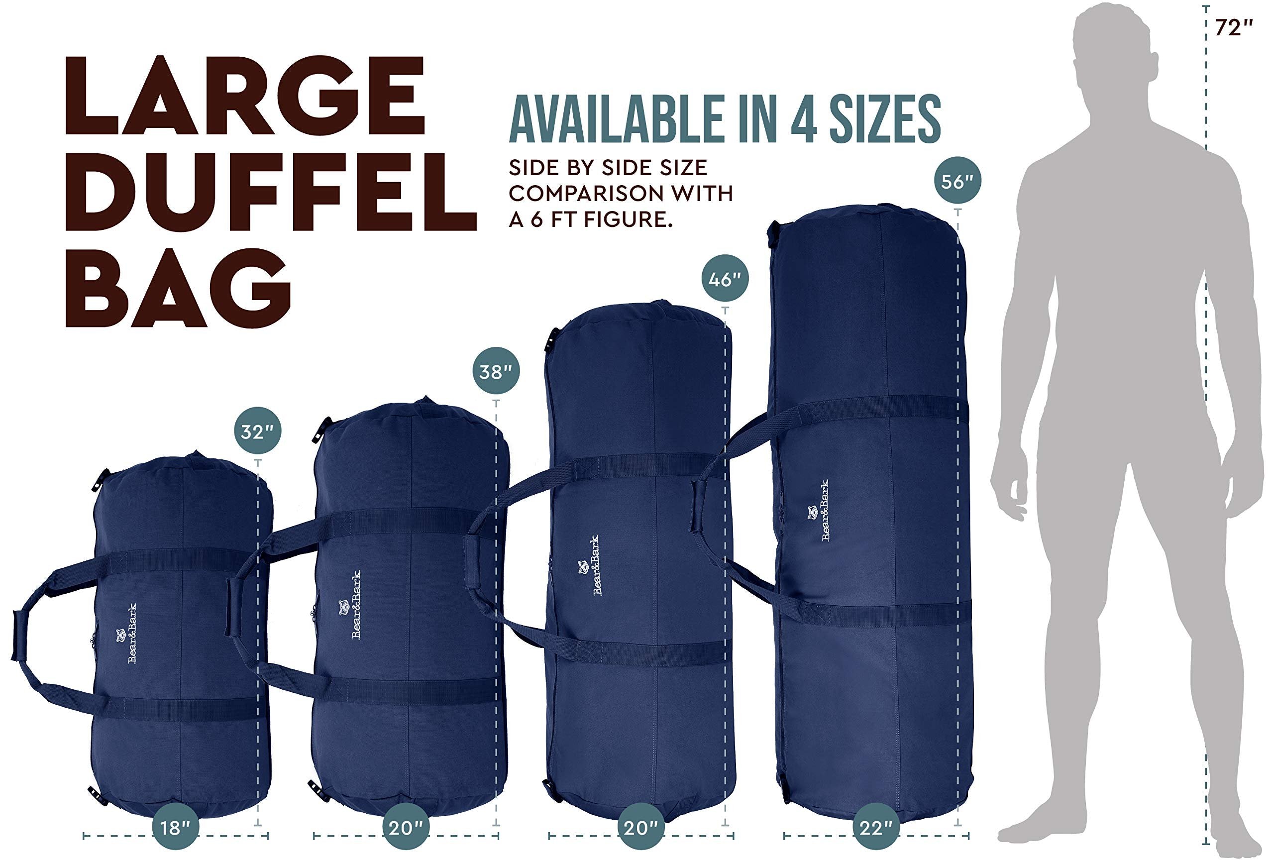 New Bear&Bark Large Blue Duffle Bag - 38" X 20" Canvas Army Style Cargo Tote for Travel, College, and Storage - 195.6L