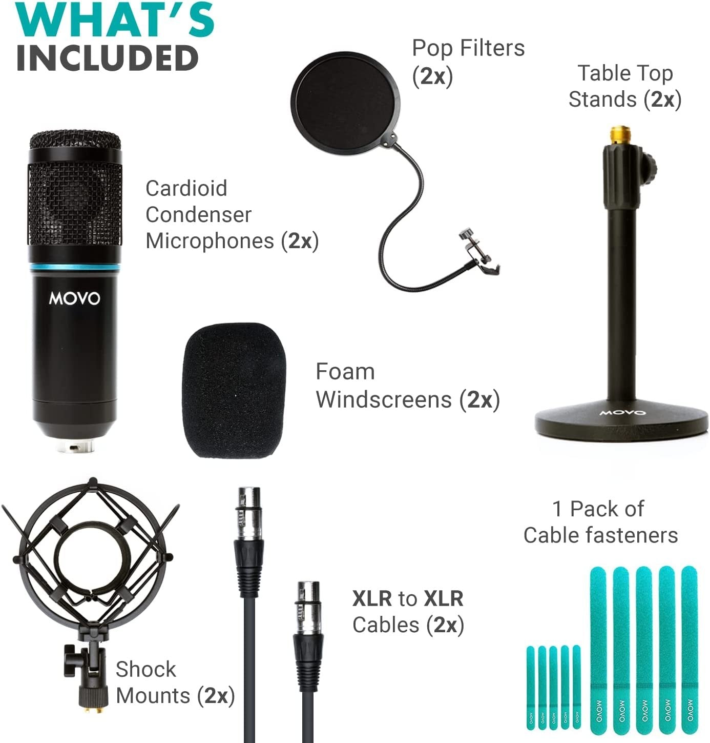 Movo 2-Pack Universal XLR Condenser Microphone Podcasting Equipment Bundle for 2 - Includes 2 Cardioid Mics, Desktop Stands, Shock Mounts, Pop Filters and Cables - Podcast, Zoom, and Youtuber Kit