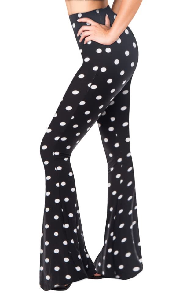 New SATINA High Waisted Flare Palazzo Pants Black White Polka Small Wide Leg