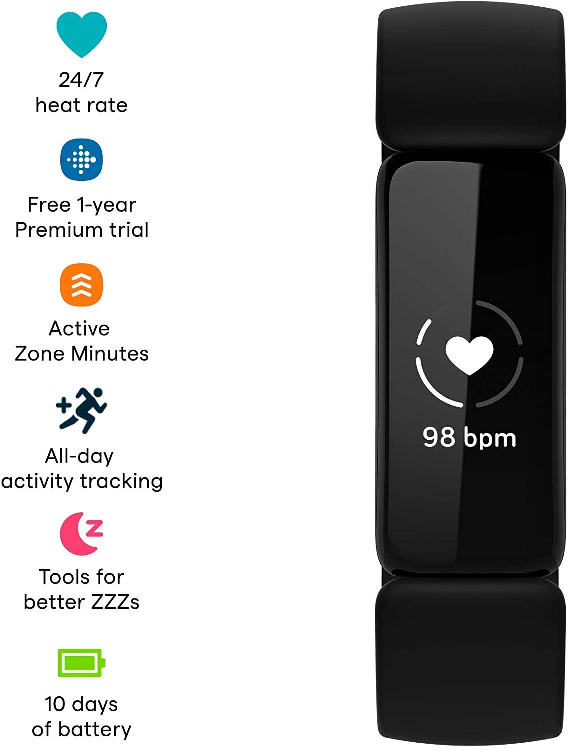 Fitbit Inspire 2 with 1-Year Premium Trial, 24/7 HR, Black, S & L Bands, Free Ship