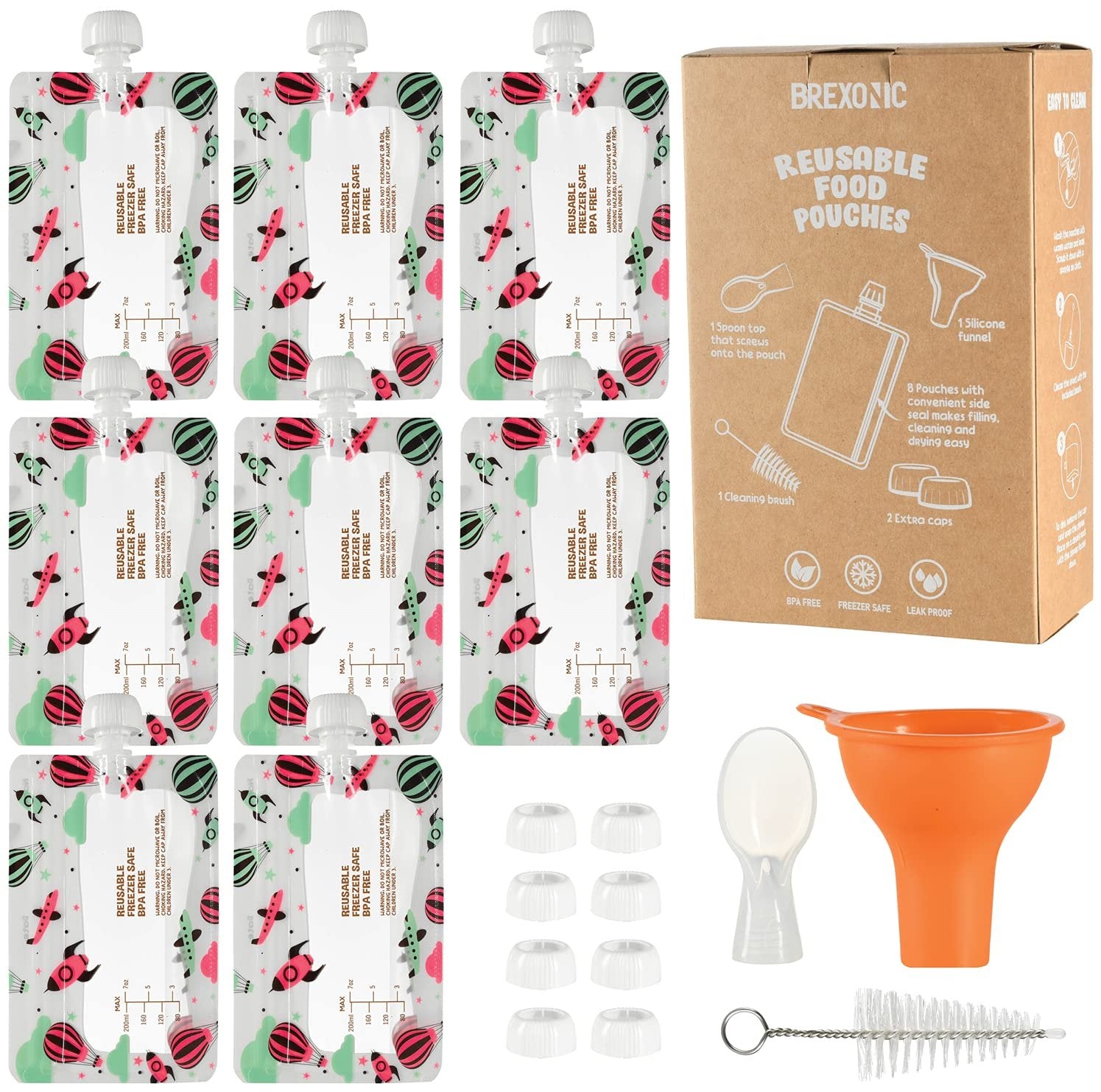 Brexonic Baby Food Storage Pouches Reusable Baby Food Pouches for Baby Food, Purees & Smoothies for Toddlers - Refillable & Squeeze Pouches Include Funnel, Extra Caps, Spoon & Brush