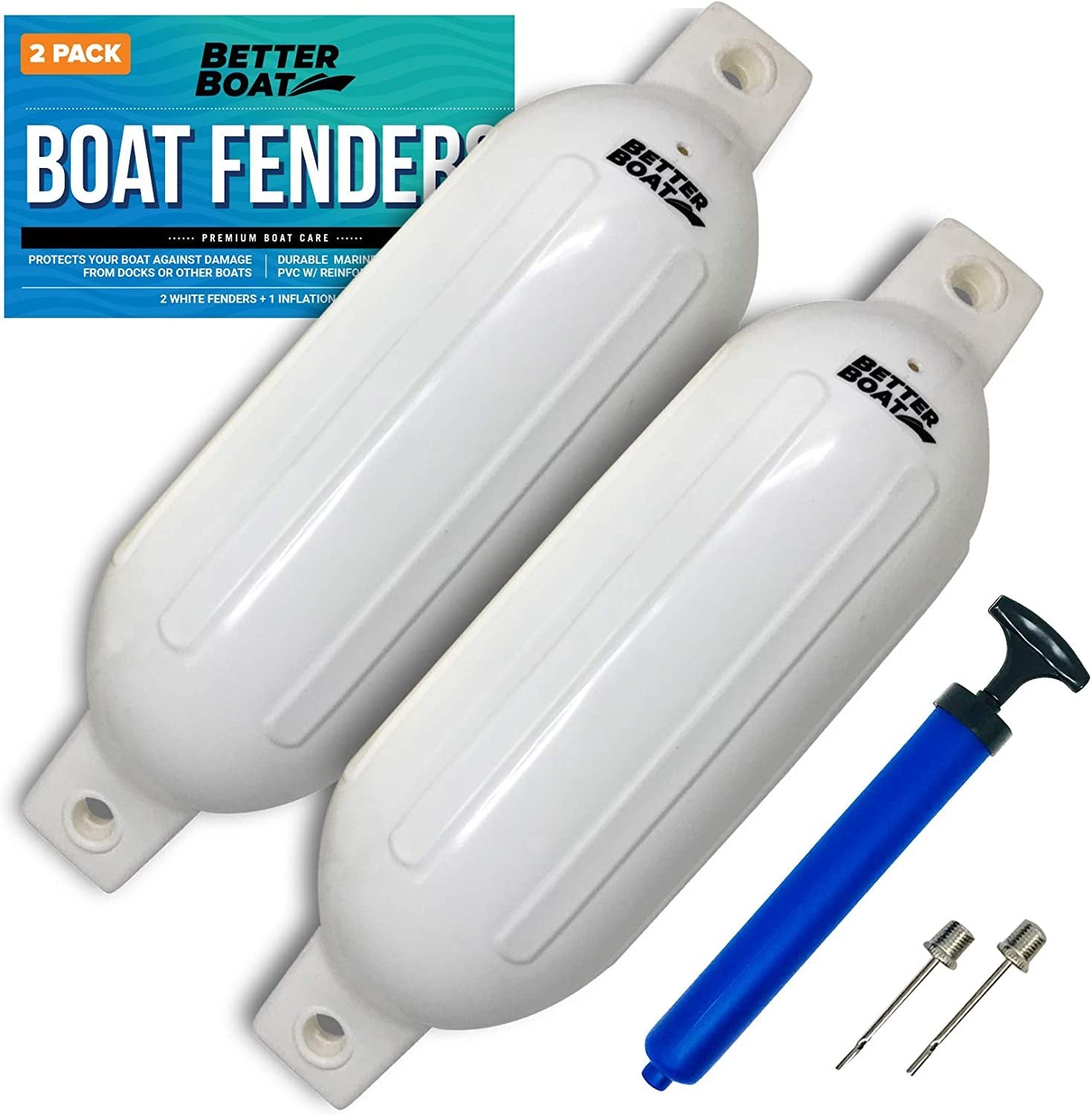 2-Pack 23 x 6.5 Inflatable Boat Fenders - White - Free Pump - Marine Dock Bumpers