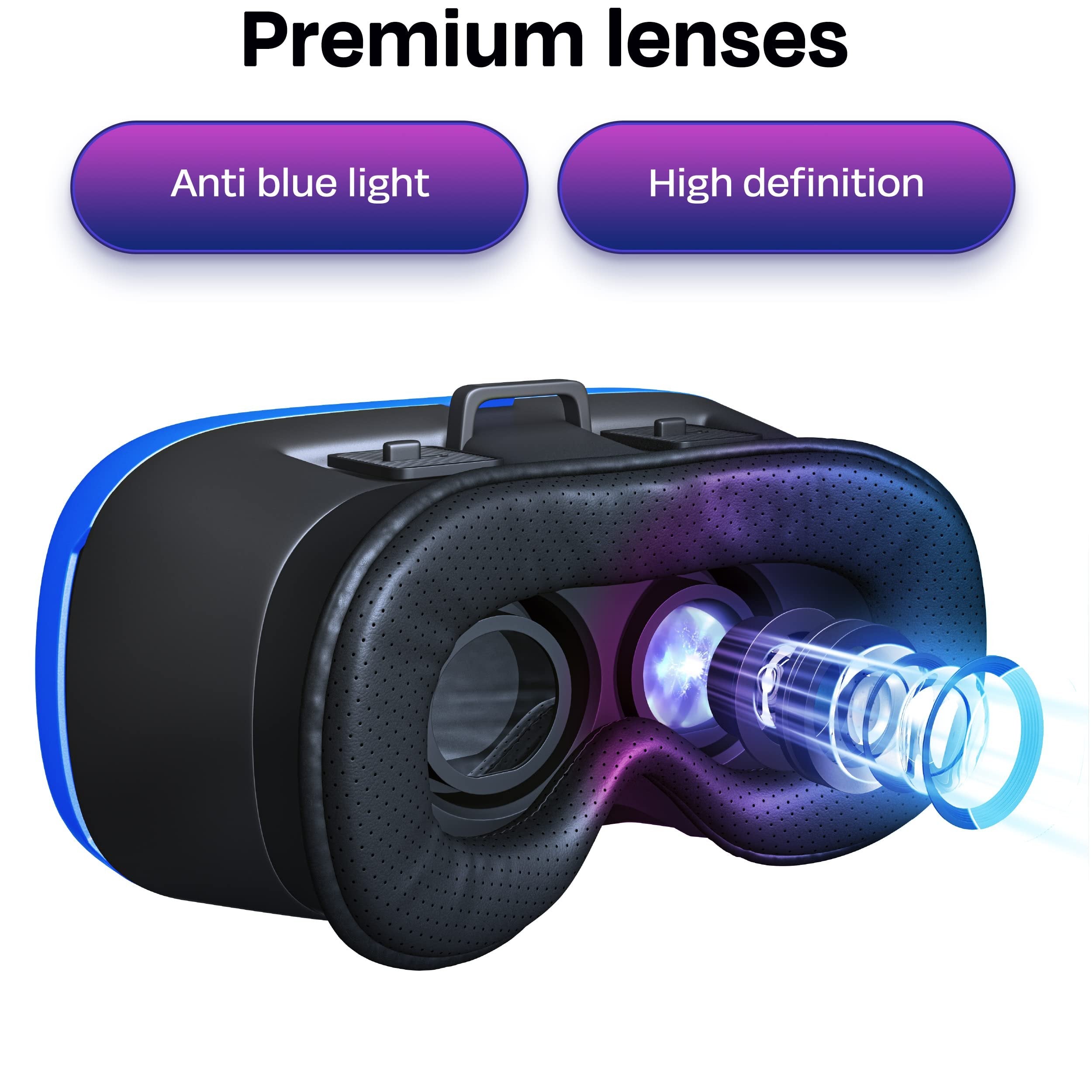 Bnext VR Headset Blue | Universal 3D Glasses | Compatible w/iPhone & Android | Soft & Comfortable | Size Available