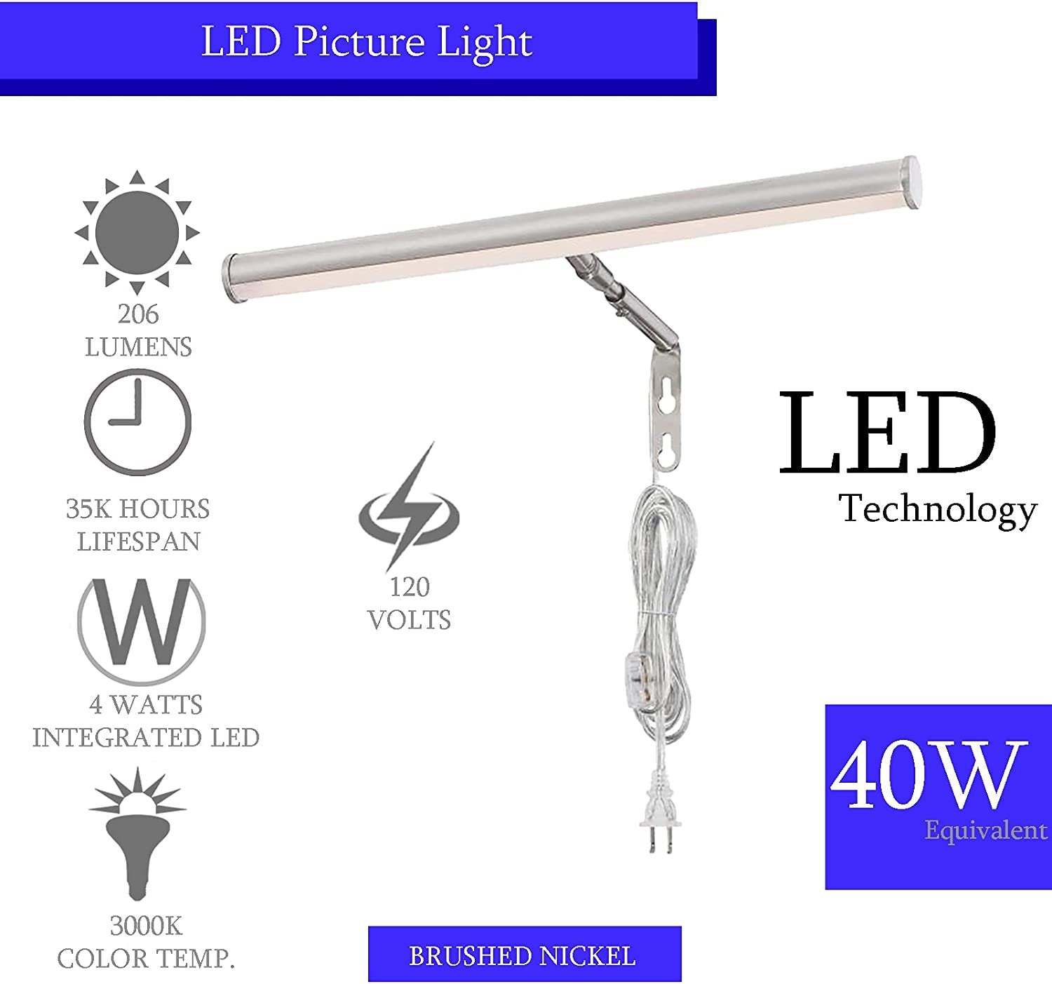 LED-14 Inch Brushed Nickel Ciata Picture Frame Light, Metal Wall Mount Display w/ In-line Switch