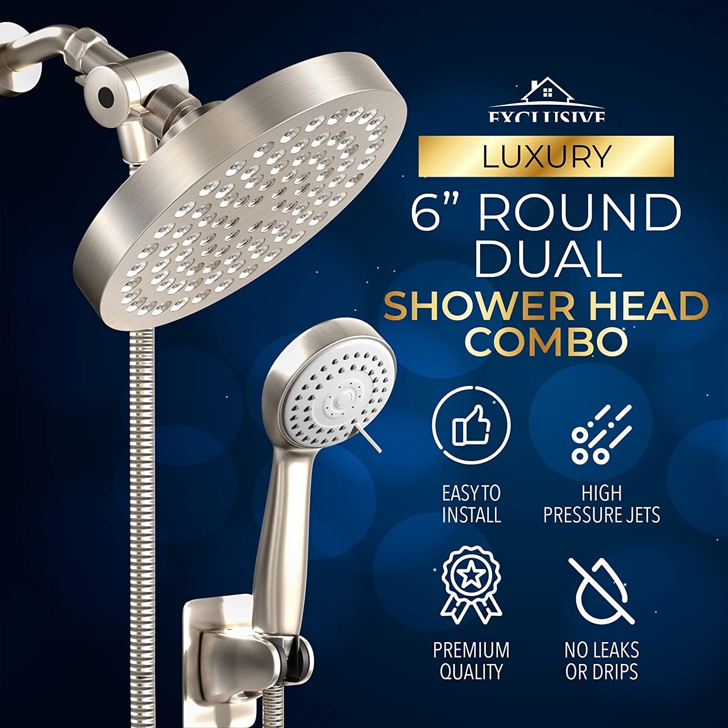 Shower Head With Handheld Combo, 6 Inch High Pressure Rainfall Showerhead With Hand Held 70 Inch Hose for Bath - Adjustable Swivel Shower Head Spray Anti-leak Nozzles - Universal Fit