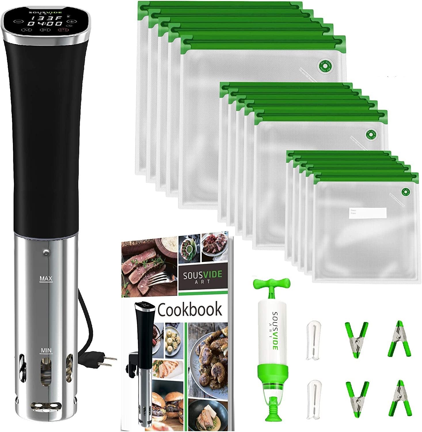 SOUSVIDE ART Precision Cooker Kit | 1000W STANDARD Sous Vide Machine Immersion Cookers Circulator | 15 Vacuum Seal Bags, Vacuum Pump, Digital Timer, & Temperature Control | All In One Sous Vide Machines