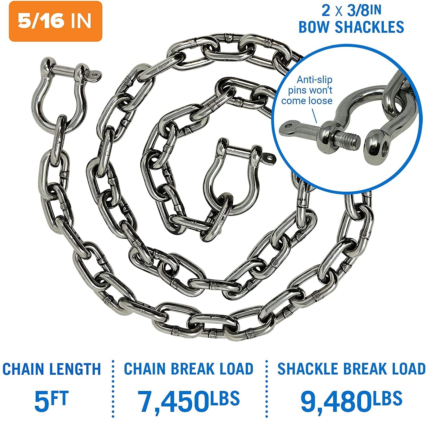 Boat Anchor Chain 5 Foot 5/16" Stainless Steel Anchor Chain and Double Shackle Link Ends Marine Grade Boat Accessories for Pontoon, Deck Boat, Open Fisher and More