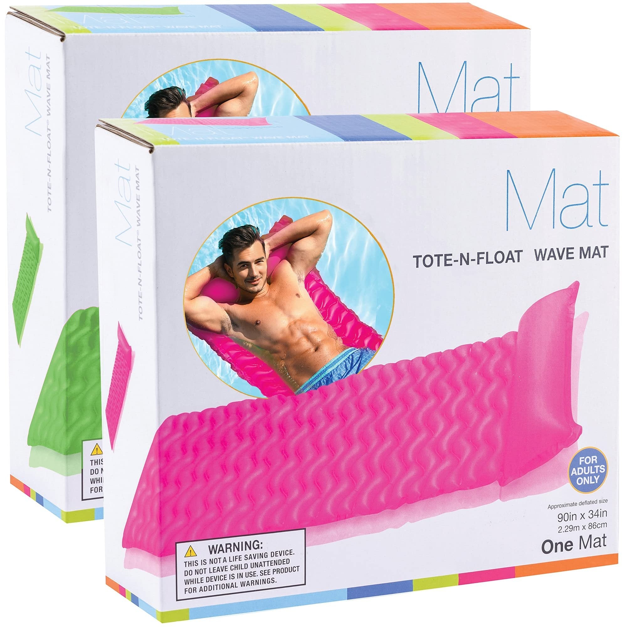 Inflatable Pool Floats Wave Mat Adult Size with Headrest - Set of 2 - Green/Pink - 90 X 34 - Free Shipping