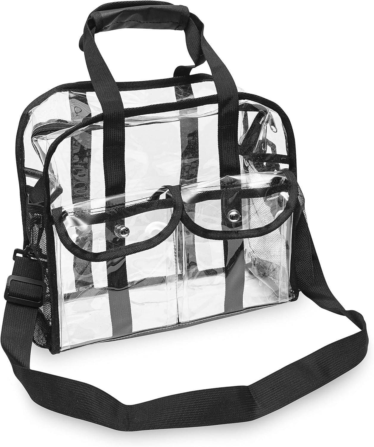 Clear Tote Bag - 12x6x12 Clear Stadium Bag, Transparent Water Resistant Plastic Messenger Tote with Handles, Shoulder Strap, & Pockets, Approved for Stadium Events, Concert, Festivals, Travel, Work