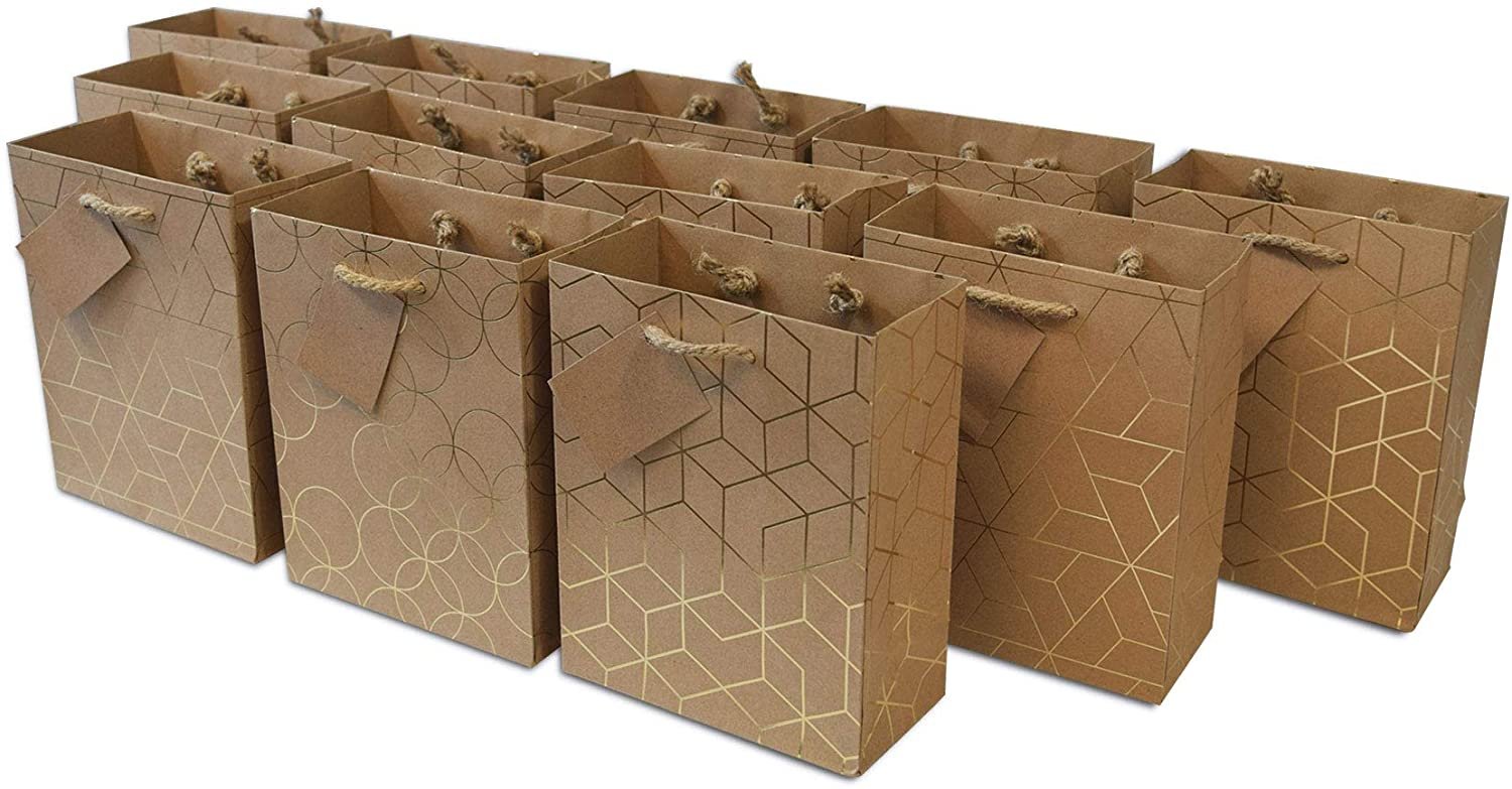 Gold Geometric Designer Gift Bags - 12 Pack Medium Size 7.5x3.5x9 Inch - Handles, Wrap Euro Totes for Birthdays, Parties, Holidays - Free Shipping