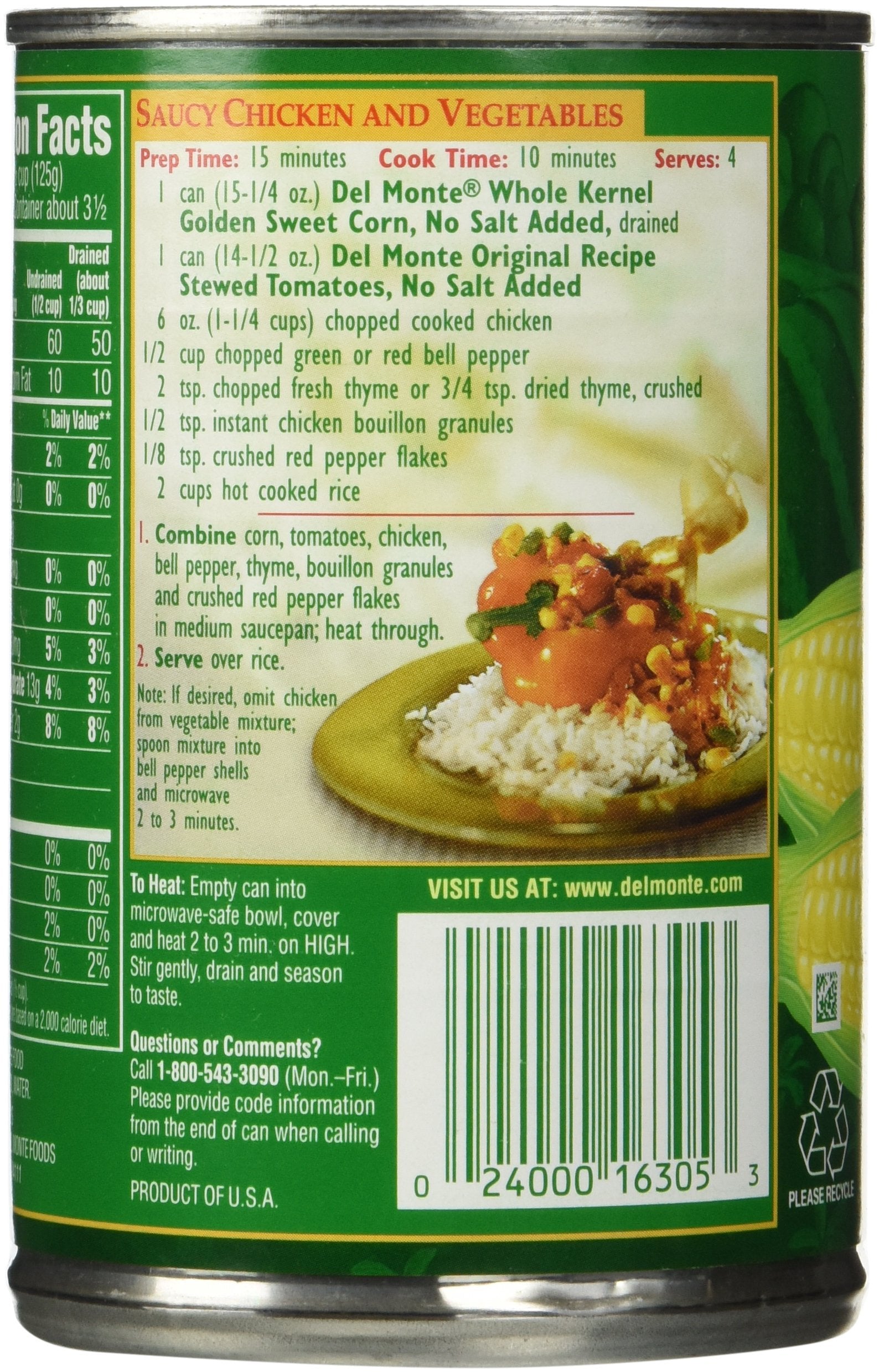 Del Monte, Whole Kernel Gold Corn, No Salt Added, 15.25oz Can (Pack of 6)