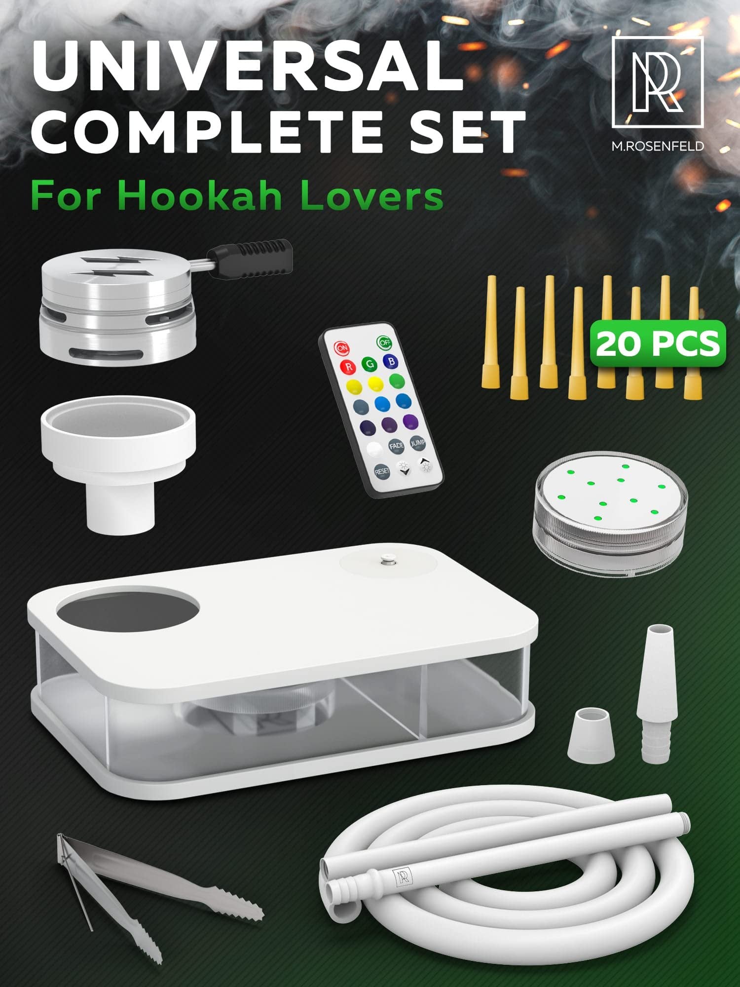 YADO Portable Hookah Set - Silver Acrylic with Stainless Steel Stem, Big HOOKARTIS Charcoal Holder, Heat Management Device, Bag, & Clay Bowl - Size 1