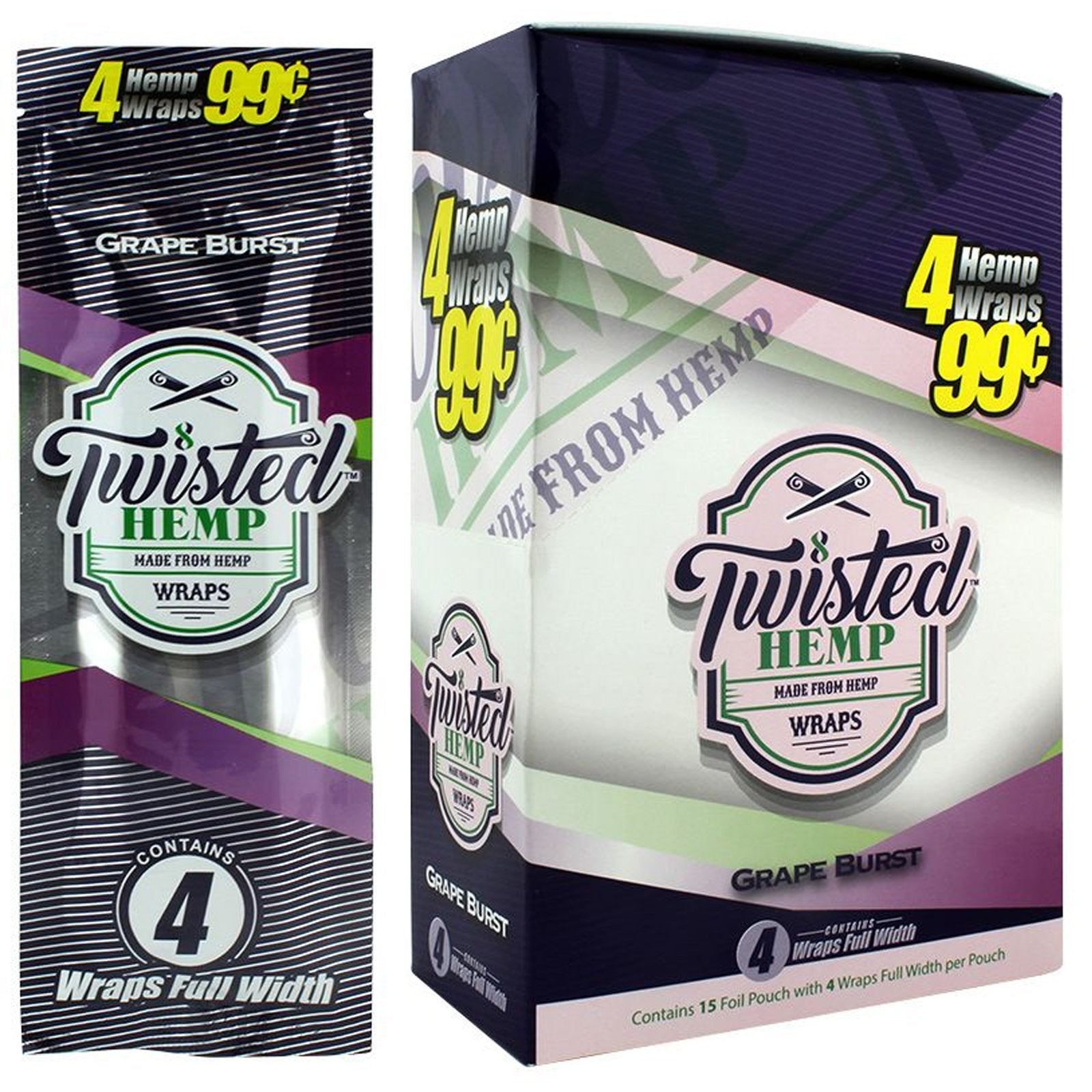 Twisted Hemp Wraps Grape Burst | 15 Pack | 60 Wraps | 100% Natural | Free Shipping