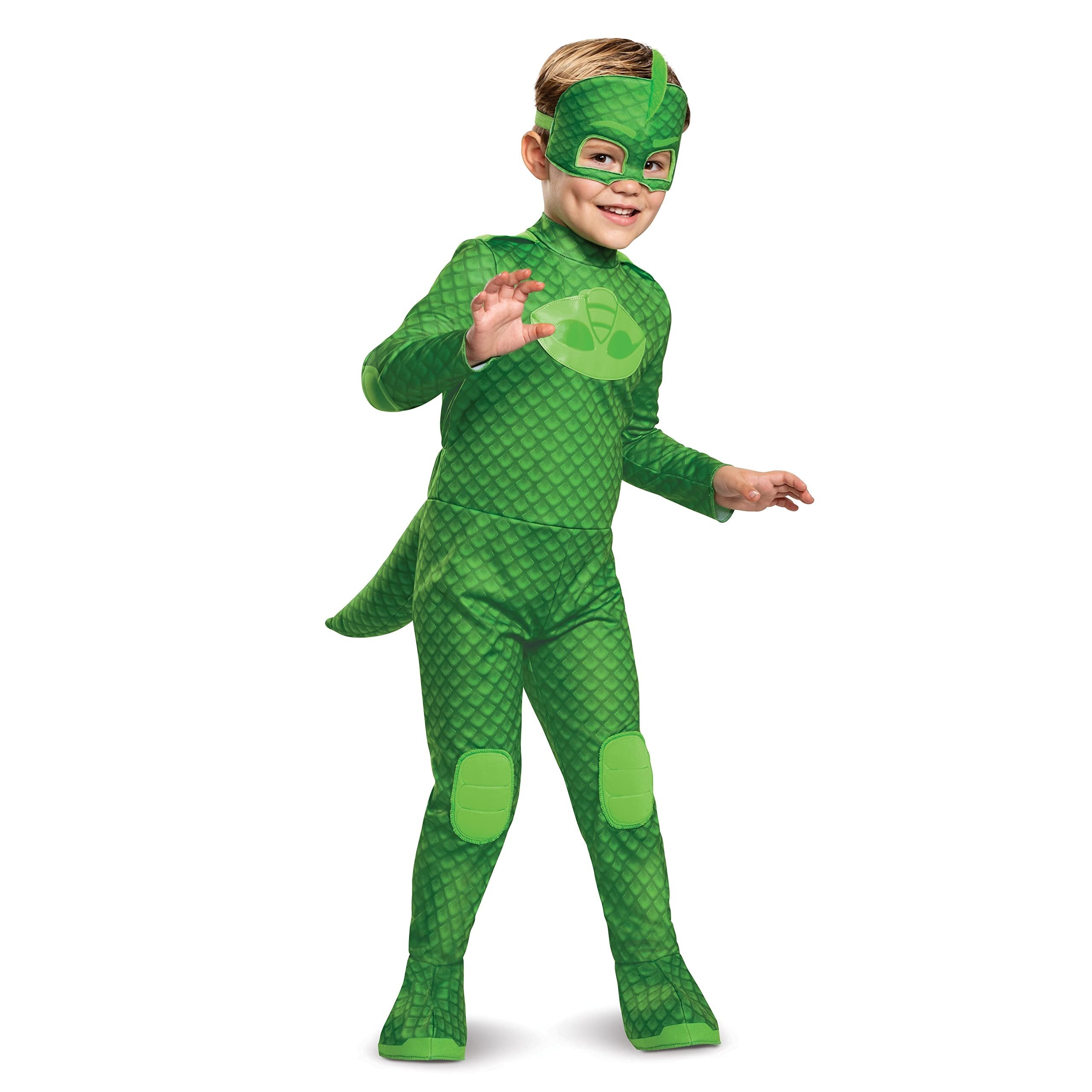 Disguise PJ Masks Gekko Costume, Deluxe Kids Light Up Jumpsuit Outfit and Character Mask, Toddler Size Medium (3T-4T) Green