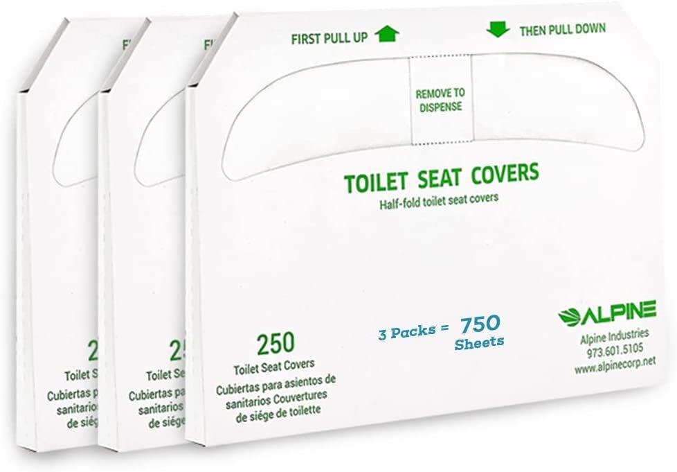 Alpine Industries Flushable Toilet Seat Covers - 250 Count (Pack of 3) - 750 Sheets - Biodegradable, White