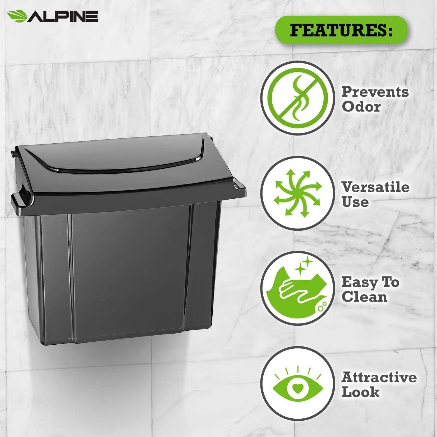 Alpine Industries Sanitary Napkin Receptacle - 12in, Black - Tampon & Waste Disposal Container - Durable ABS Plastic - Free Shipping