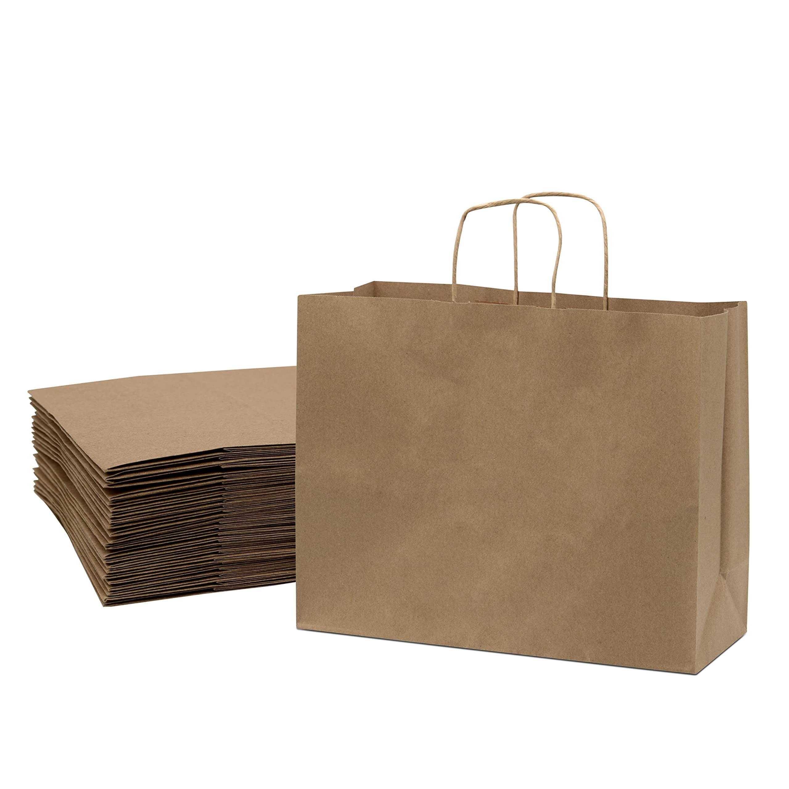 Brown Paper Bags with Handles - 16x6x12 inches 25 Pcs. Paper Shopping Bags, Bulk Gift Bags, Kraft, Party, Favor, Goody, Take-Out, Merchandise, Retail Bags, 80% PCW Vogue Size Large