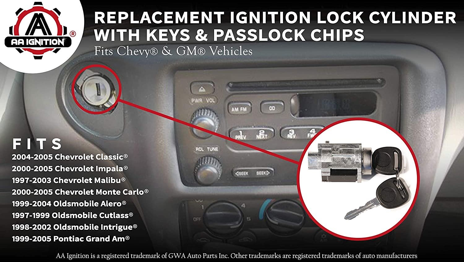 Ignition Lock Cylinder with Keys and Passlock Chip Starter - Replaces D1493F, 12458191, 25832354, 924-719 - Compatible with Chevy, Oldsmobile, Pontiac Vehicles - Malibu, Monte Carlo, Impala, Grand Am