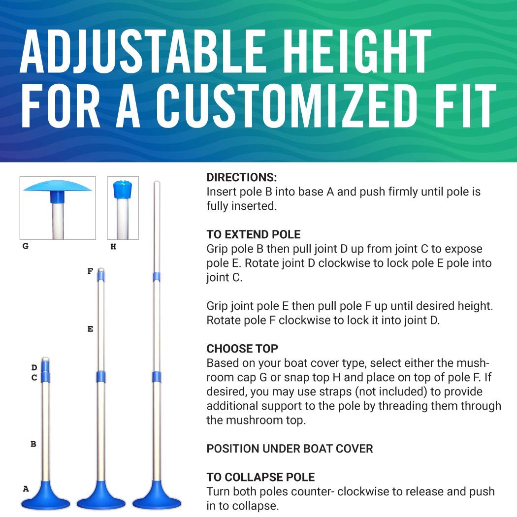 Better Boat Blue Extendable Cover Support Poles - Adjustable Small to Large Size for Jon & Pontoon Boats, Aluminum, Tarps, Bimini Tops - Marine Grade (2 PK)