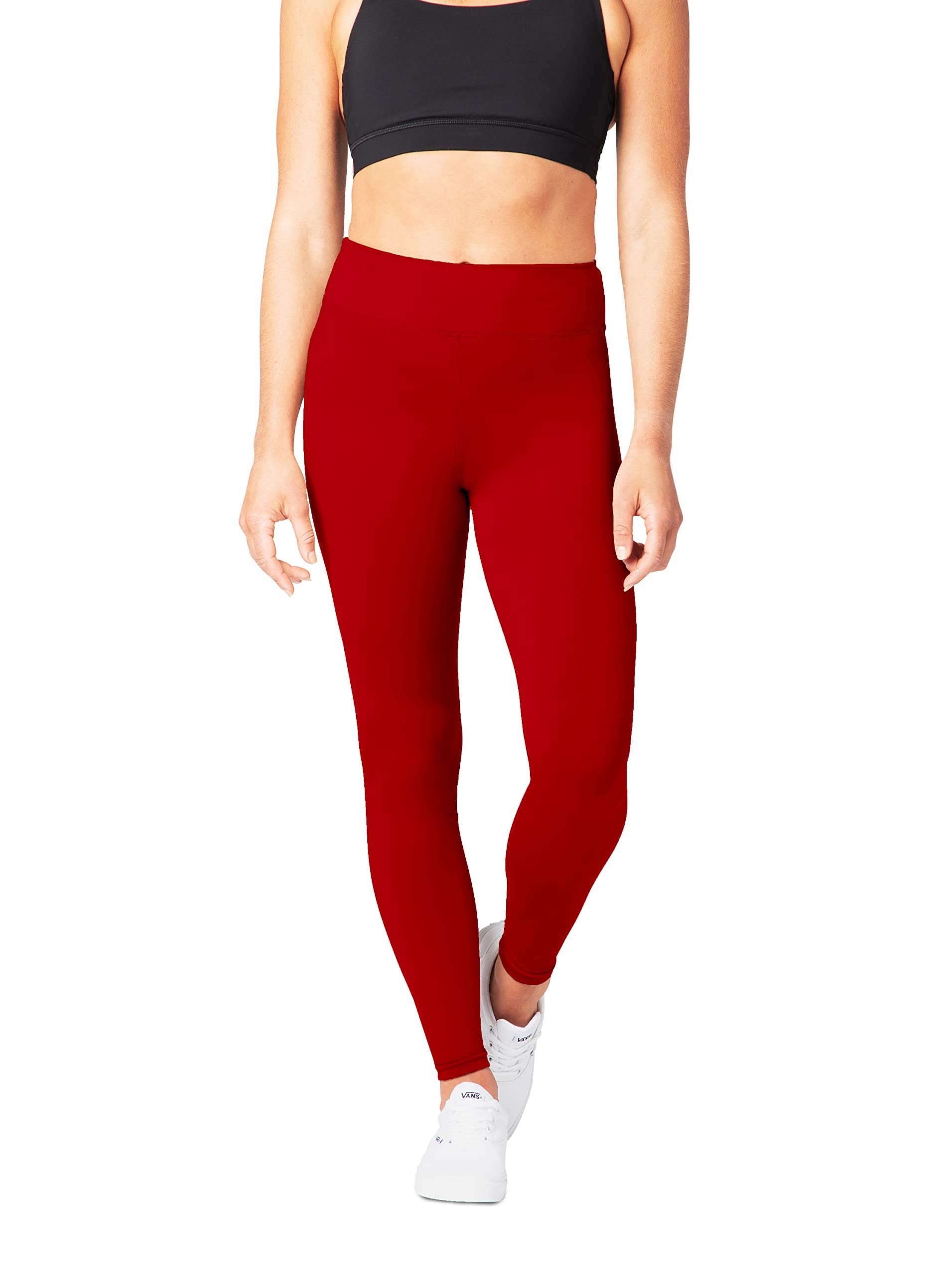 Red SATINA High Waisted Leggings for Women - One Size Yoga Leggings | 3 Waistband