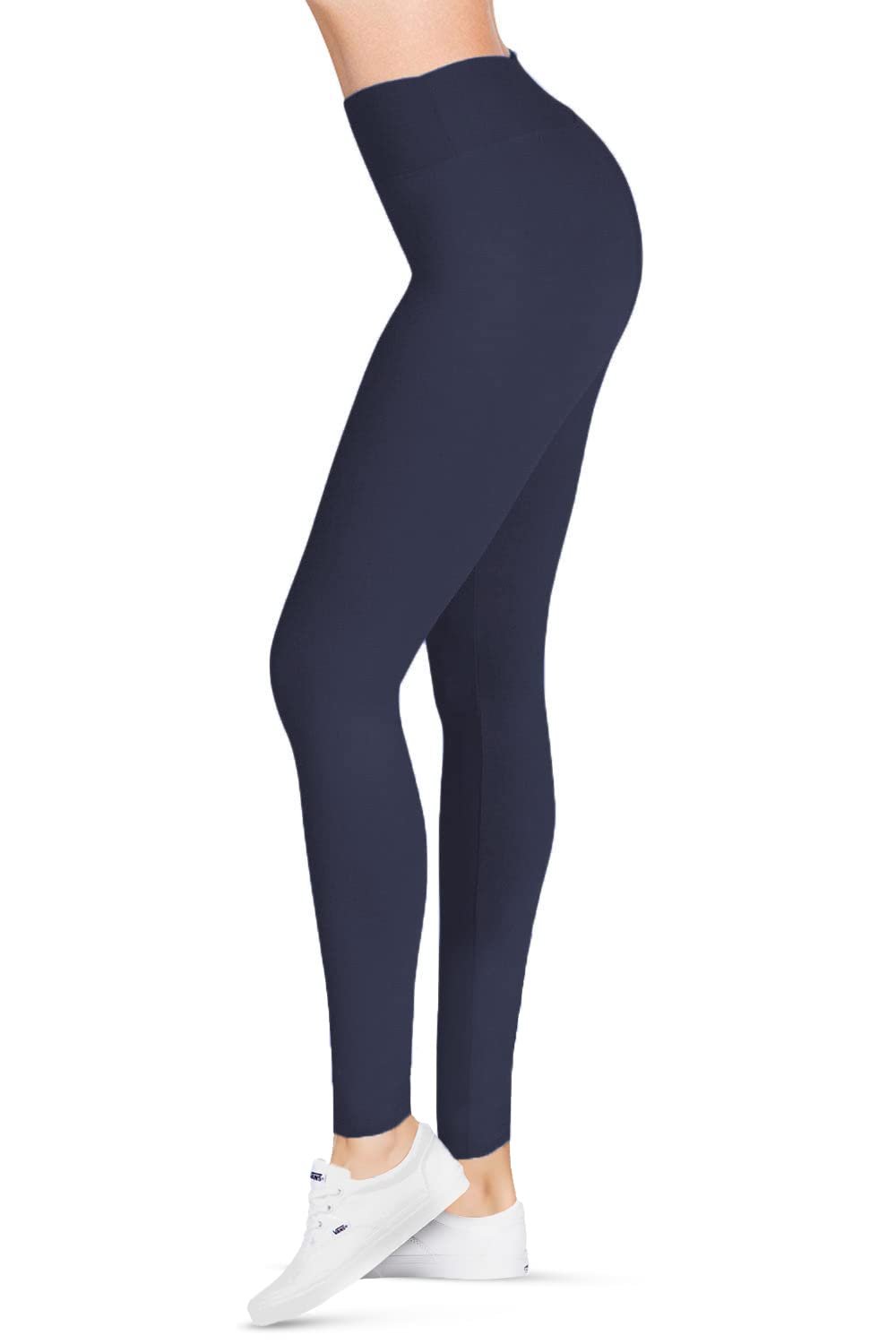 SATINA Navy High Waisted Leggings - Yoga & Workout Pants for Women - One Size Fits Most - 3 Inch Waistband