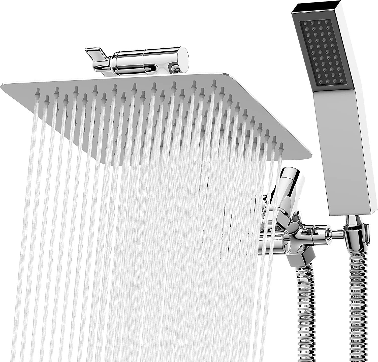 10" Long Shower Head with Handheld - 3 Mode Rain Shower Head with Shower Diverter - High Pressure Shower Head with Extension Arm & Shower Hose -Bathing Kids & Washing Pets (1.8 GPM, Deluxe Chrome)
