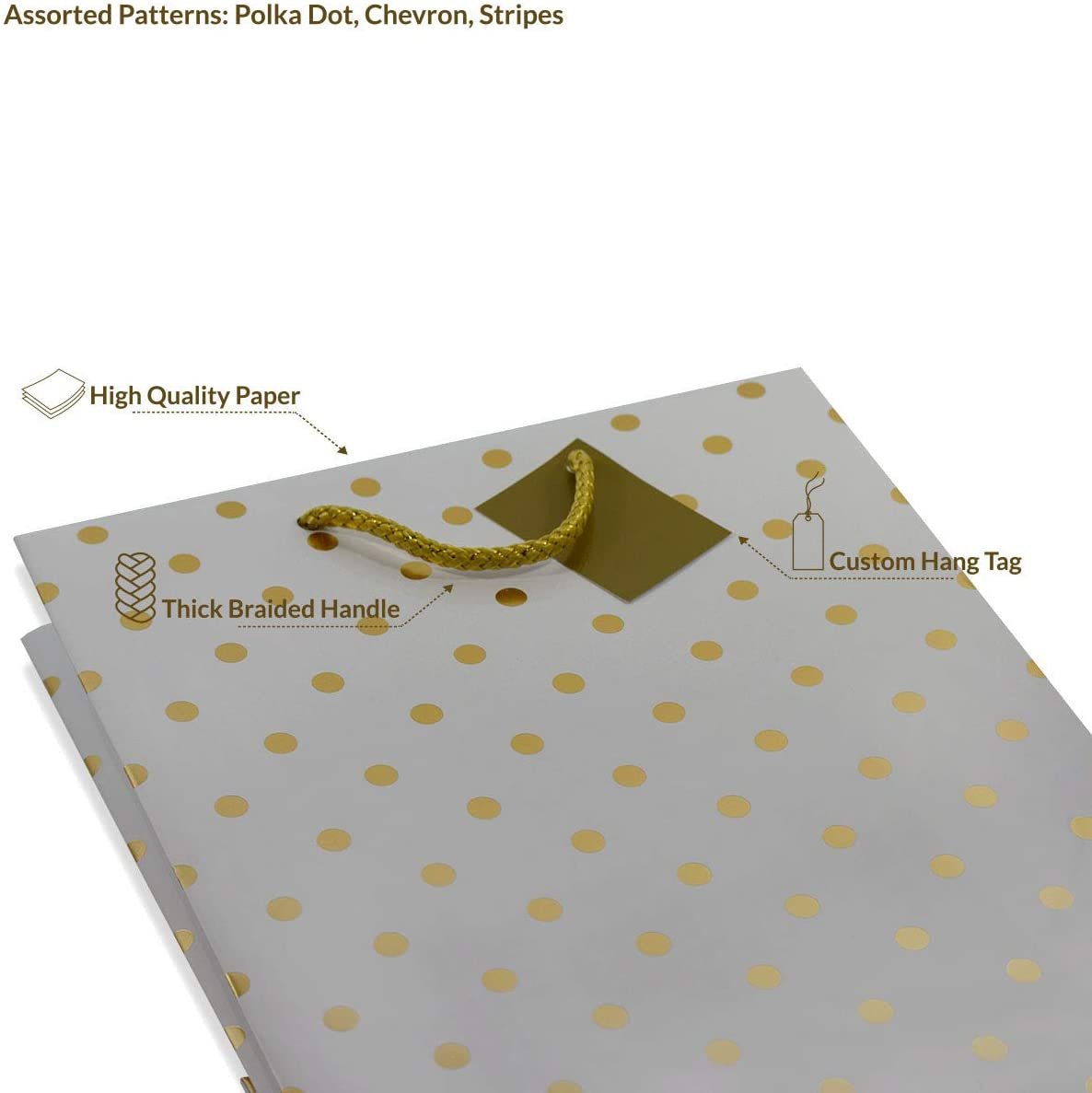 Gold Metalic Chevron Stripe Gift Bags w/Handles, Assorted Designs, 4x4.5x2.75 Inch (12 Pack)